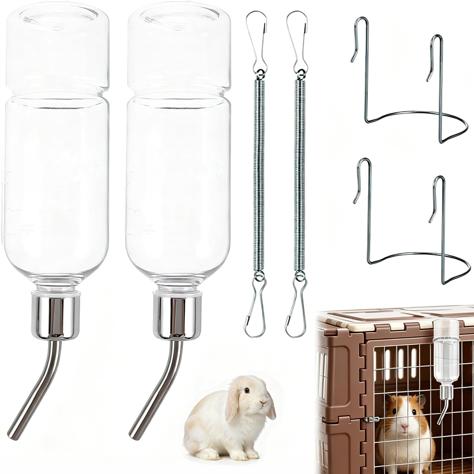 2 Pack Rabbit Bottles, Rabbit Water Bottle, Guinea Pig Water Bottle Non Drip, 180ml Transparent Plastic and Stainless Steel, Ideal for Hamster Water Bottles Use in Home and Pet Stores