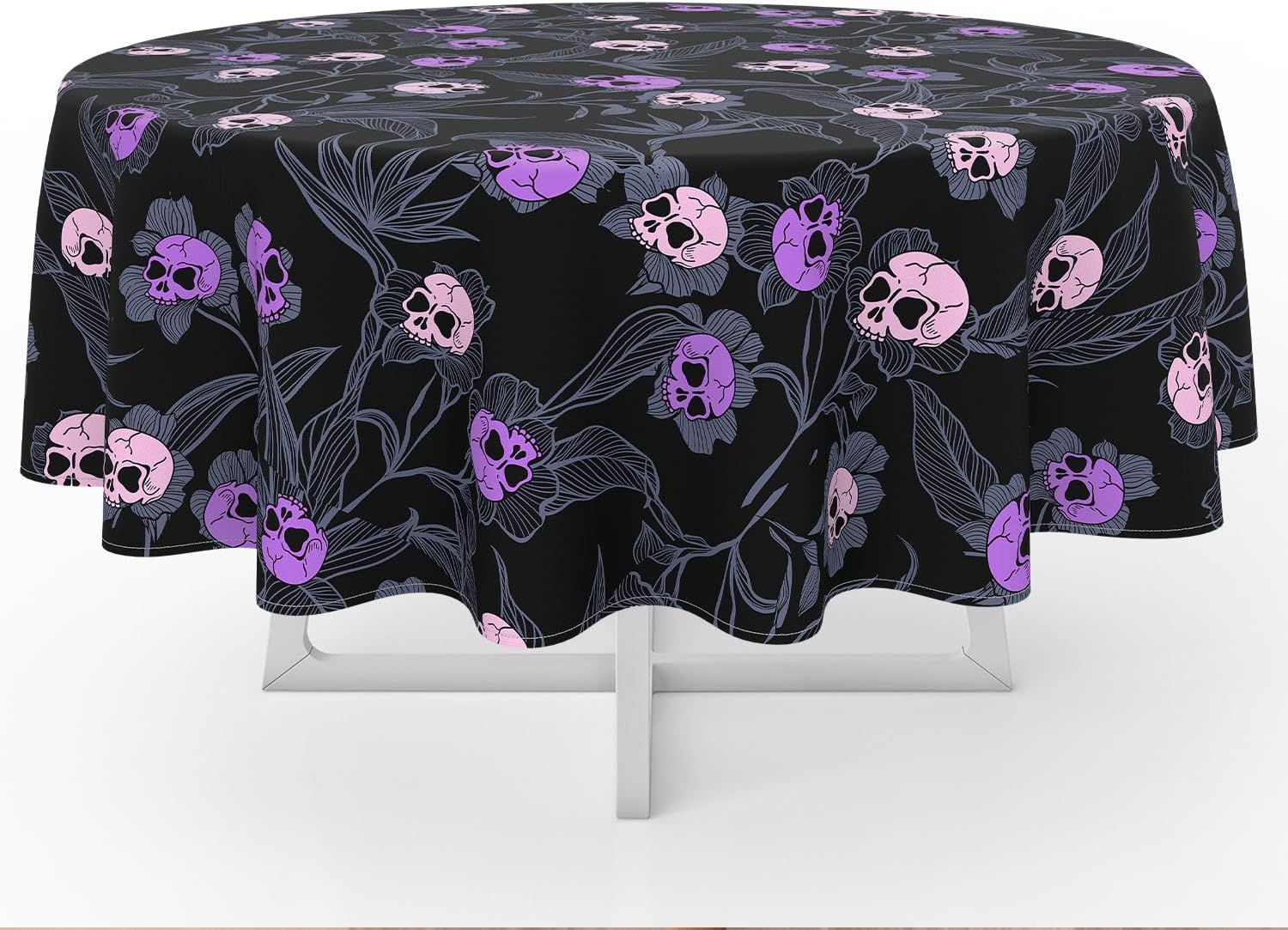 Halloween Goth Skull Tablecloth, Gothic Skeleton Table Cloth Waterproof, Halloween Kitchen Table Decor for Dining Holiday Party 60x60 Inch Round