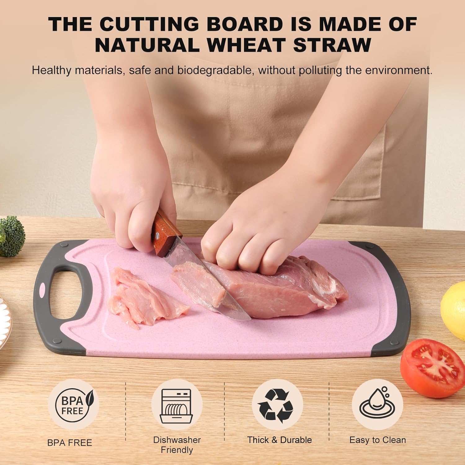 Kitchen Cutting Board Set 3 Piece Wheat Straw Plastic Cutting Boards for Kitchen with Juice Grooves Easy Grip Handle Bpa Free Non Porous Non Slip Dishwasher Safe Chopping Board (Beige + Green + Pink)