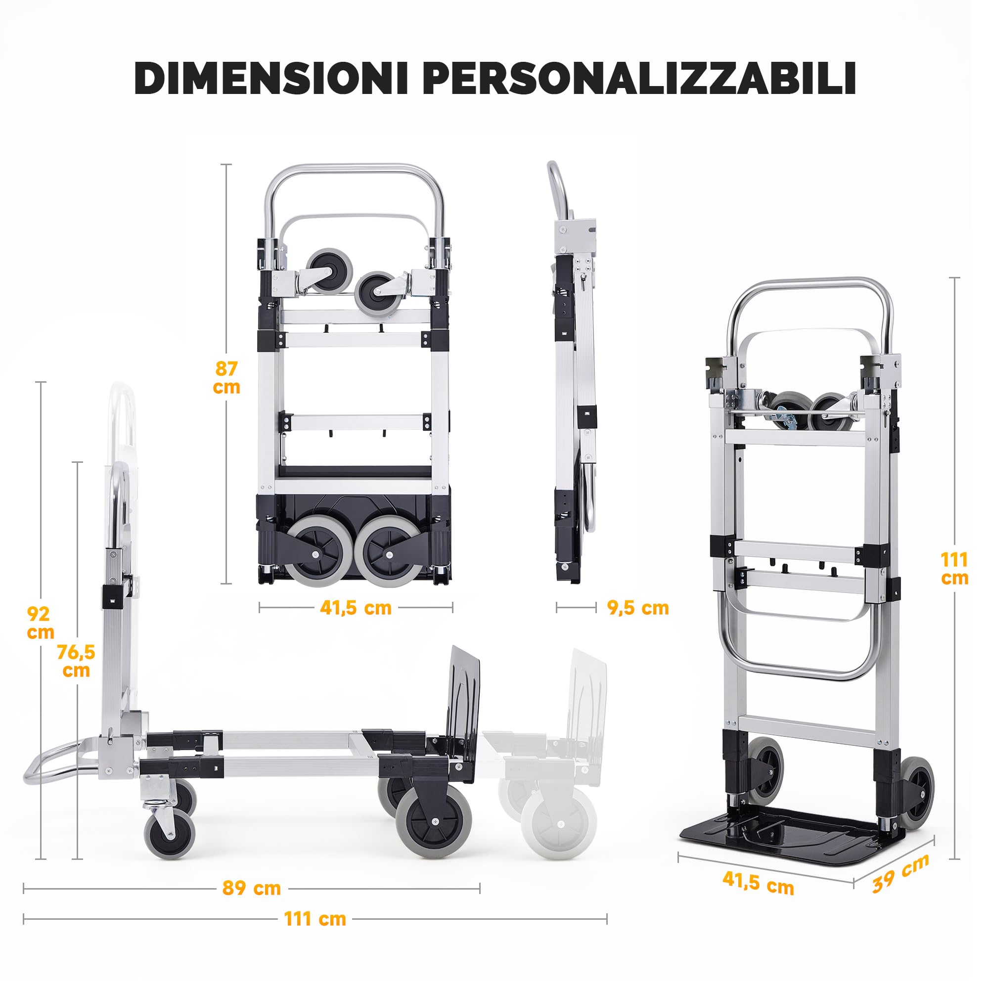 CREWORKS Carrello Pieghevole 2 in 1 Capacità 270 kg, Carrello Portapacchi con Ruote Girevoli Bloccabili e 2 Cinghie, Carrello in Lega di Alluminio Regolabile in Altezza per Casa, Magazzino, Ufficio