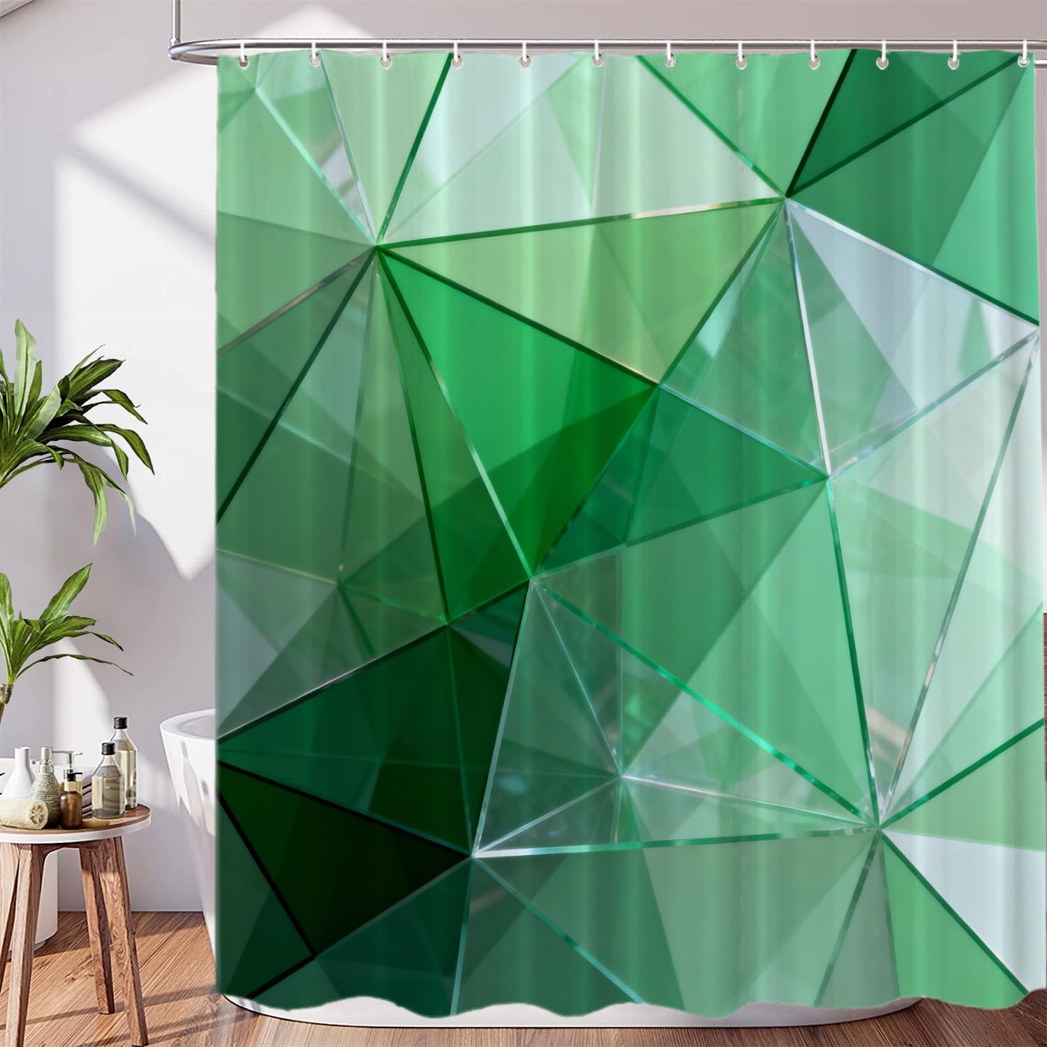 Abstract Polygonal Geometric Decor Shower Curtain Set,with Neon Green Diagonal Polyester Shower Curtain for Shower Stall Bathroom Waterproof with 12 Hooks 72x72 Inch