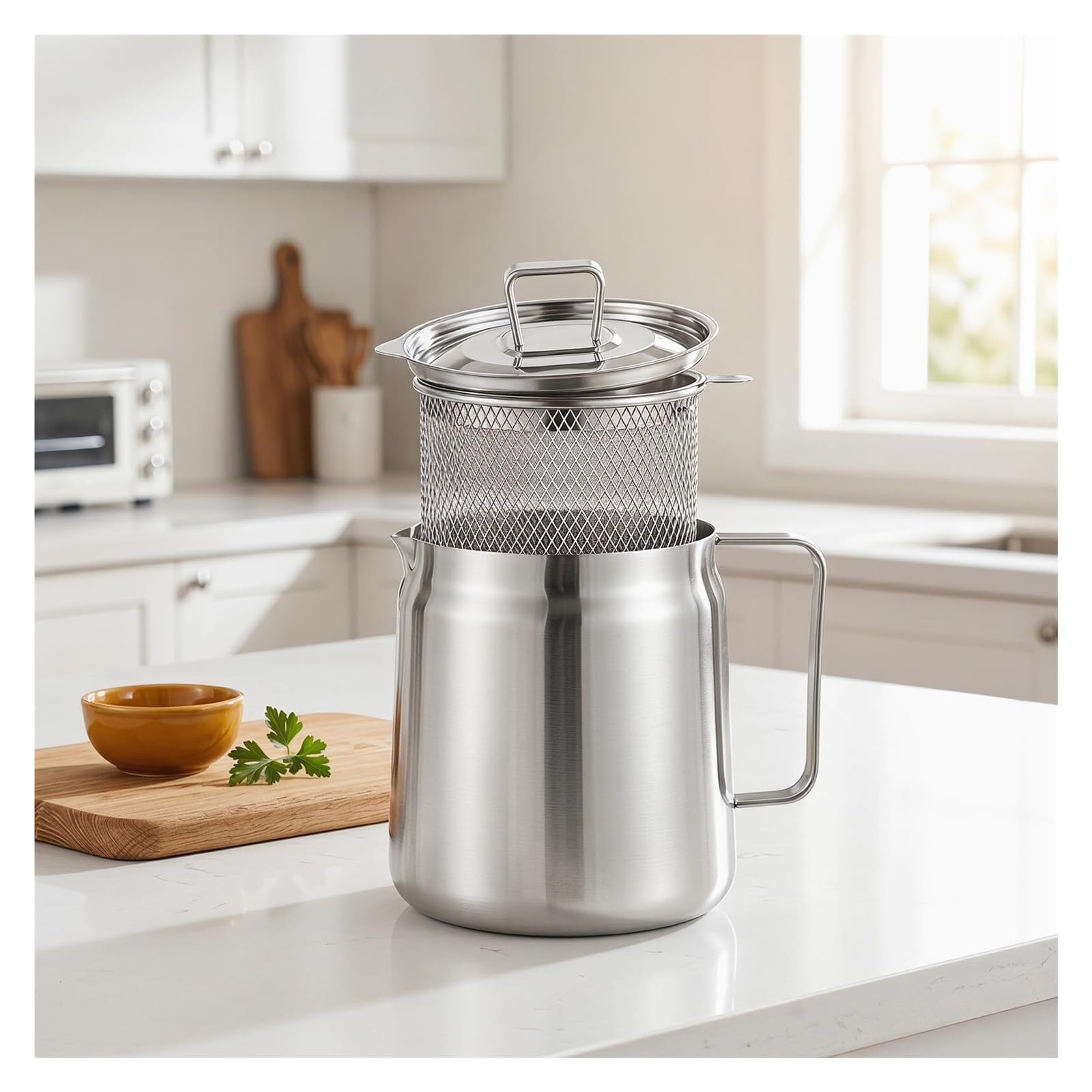 Generisch Olla de Filtro de Aceite de Acero Inoxidable con Cesta for freidora, contenedor de Grasa de Tocino for Cocina, Camping, Cocina(2L)