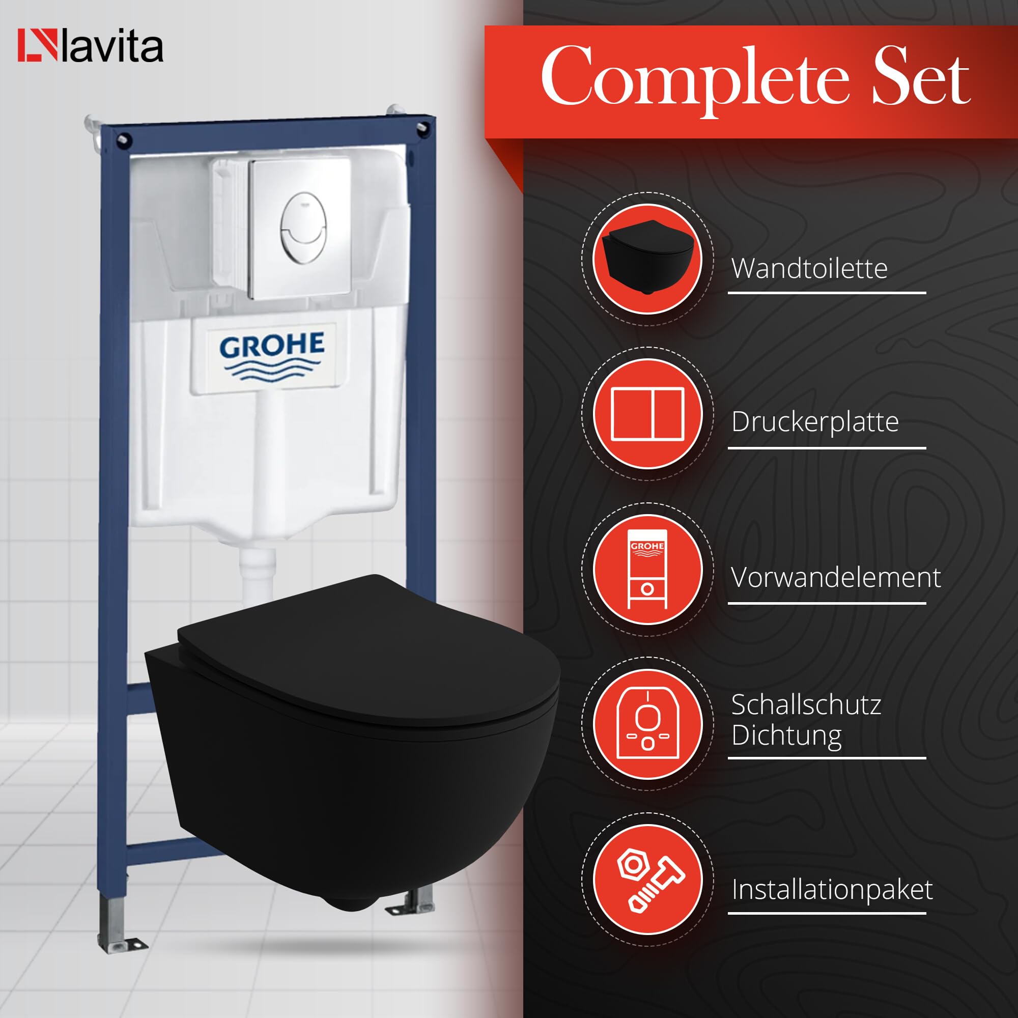 LAVITA Vorwandelement Solido Start + Wand Hänge WC Brava Schwarz Spülrandlos + WC-Sitz SoftClose Verchromter Knopf Komplettset Unterputz Spülkasten Toilette Komplett Sett WC