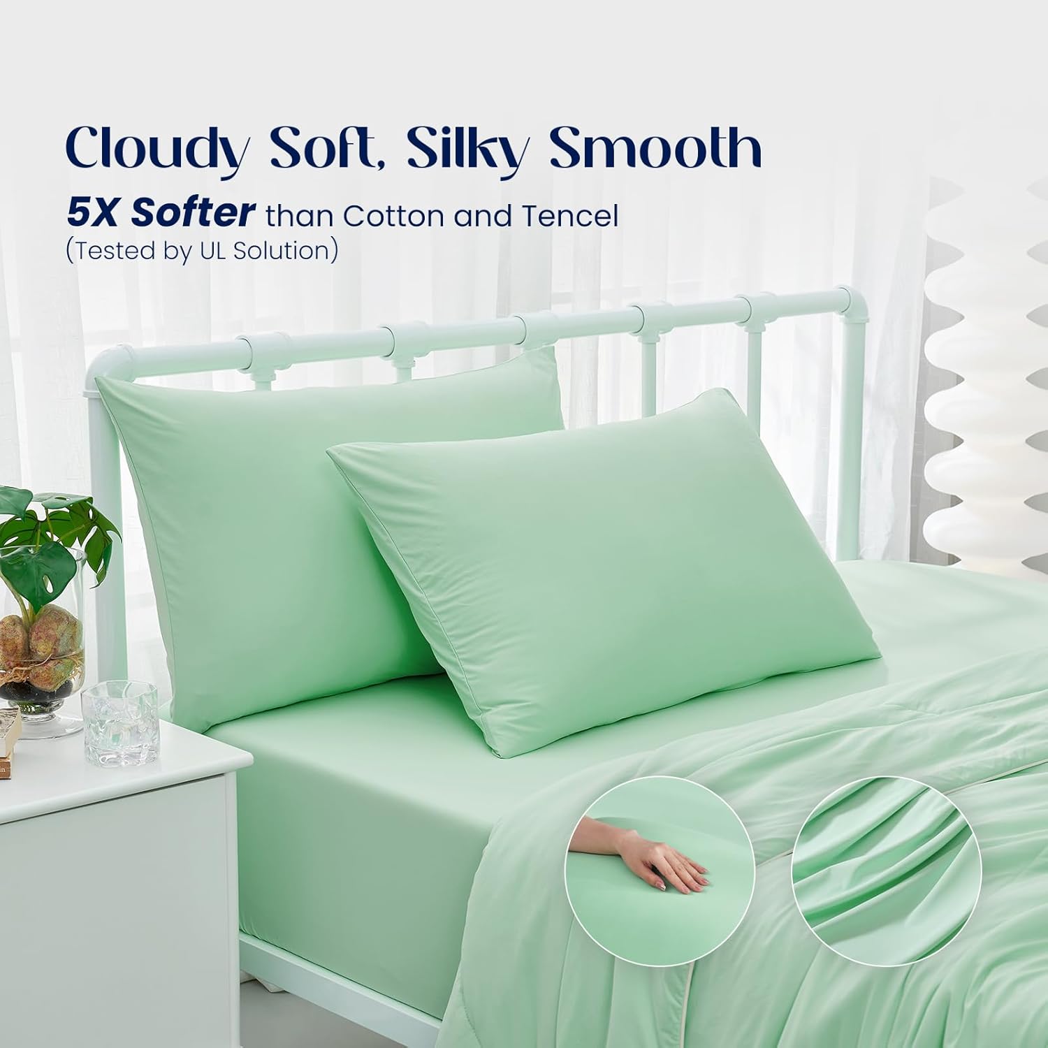 Dream Valley® Queen Sheet Set, Cooling Fitted Sheet with 2 Pillowcase-3 PCS with No Flat Sheet,Q-Max > 0.4 Aerocool, Cooling for Night Sweats, Hot Sleepers,deep Pocket up to 15",Mint Macaron - Image 6