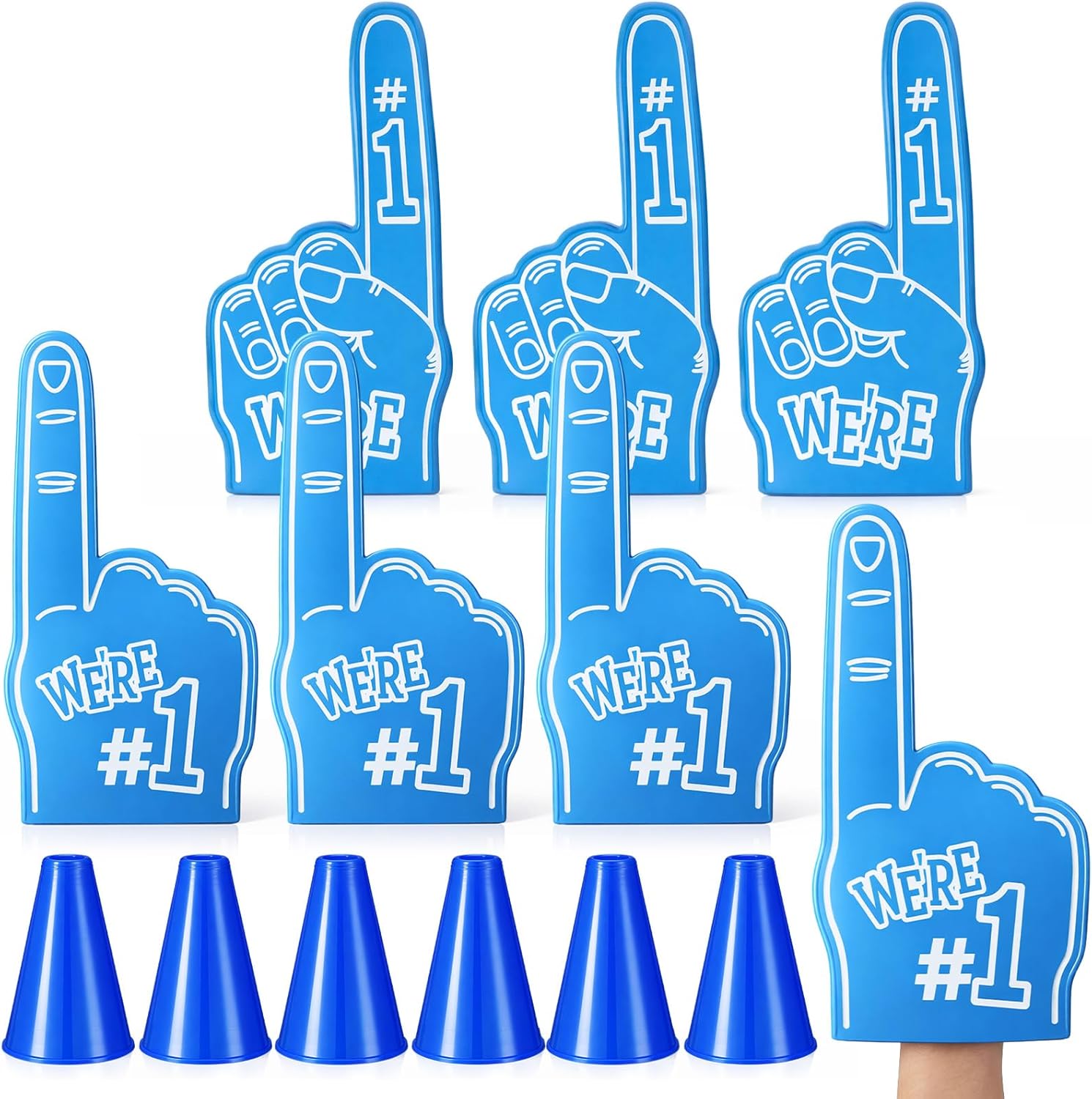 12 Pcs Giant Foam Finger 18 Inch and Blue Plastic Cheer Megaphone 8 Inch, We're Number 1 Cheerleader Foam Hand for All Kinds of Sports Events, Games, Outdoor Activities, Schools, Stadiums