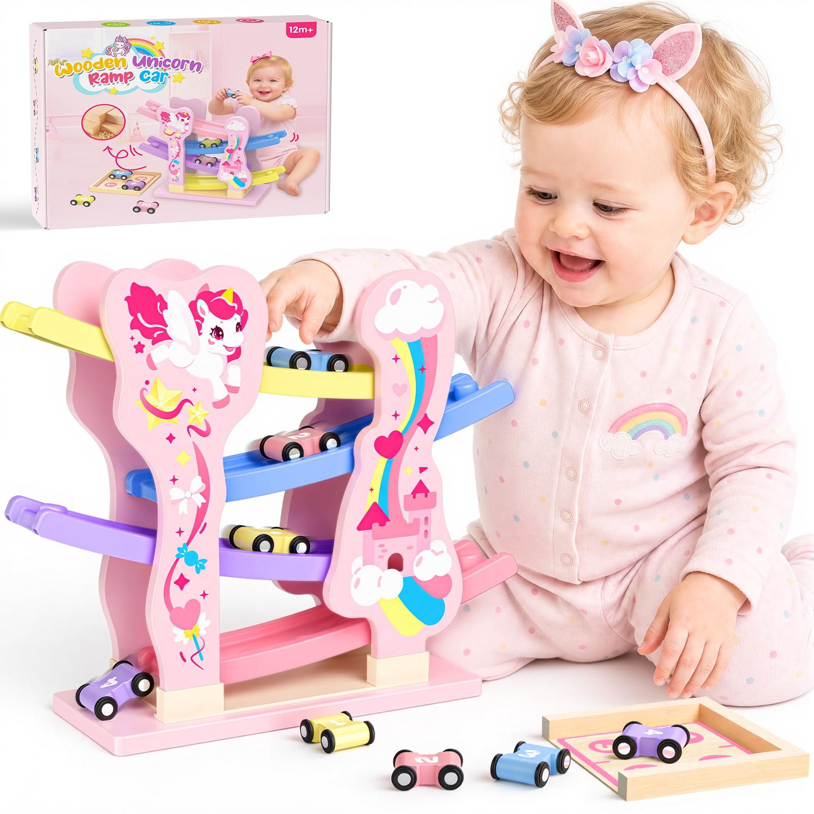 Toyzey Wooden Toys Cars Ramp Race Tracks, Unicorn Gifts for Girls Age 1 2 3 Year Olds Girl for 1 2 3 Year Olds Toddler Toy Age 1 2 Montessori Toys for 1 Year Old Birthday Gifts Baby Toy Pink