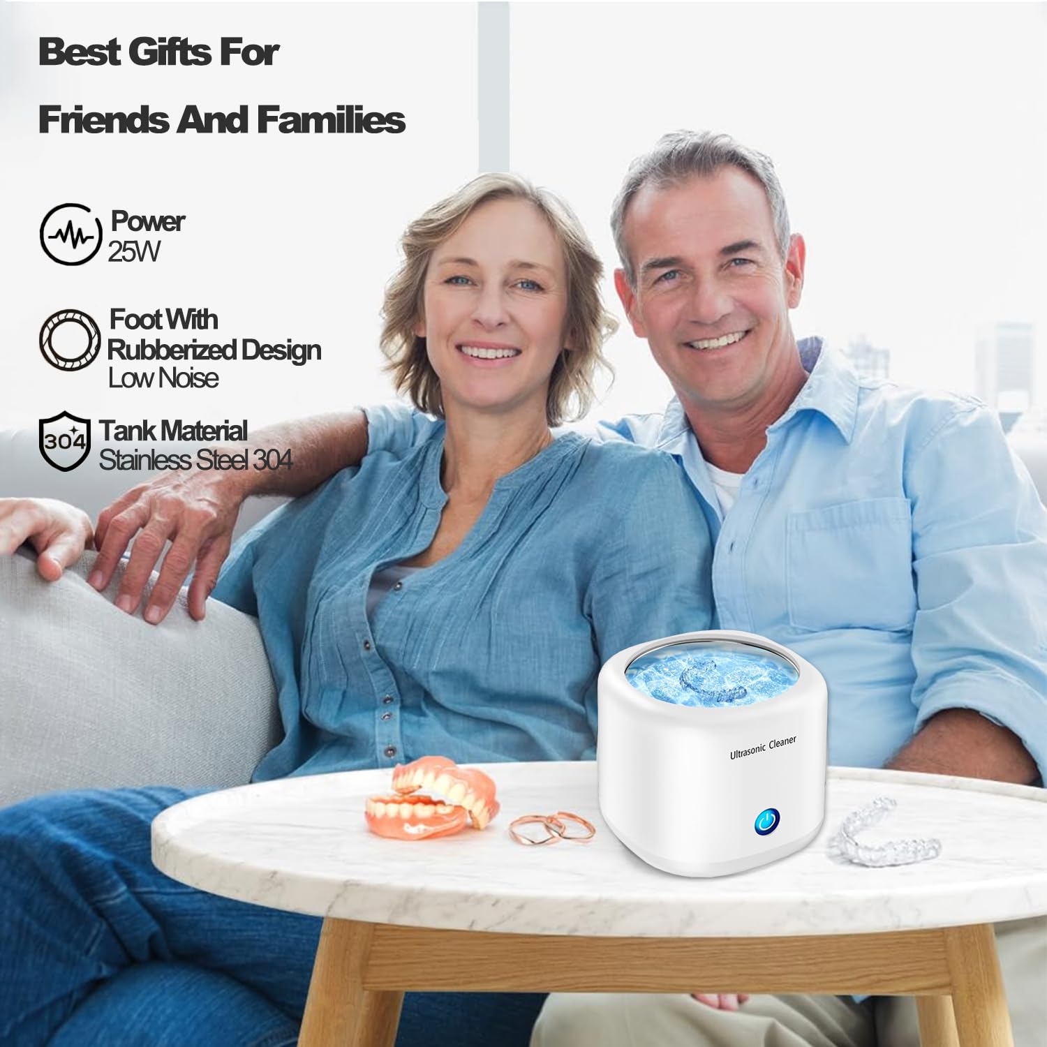 Nettoyeur à ultrasons pour prothèses dentaires, 43000Hz Nettoyeurs ultrasoniques 2 modes de temps 360° nettoyage en profondeur protège-dents, aligneur, têtes de brosse à dents (white)
