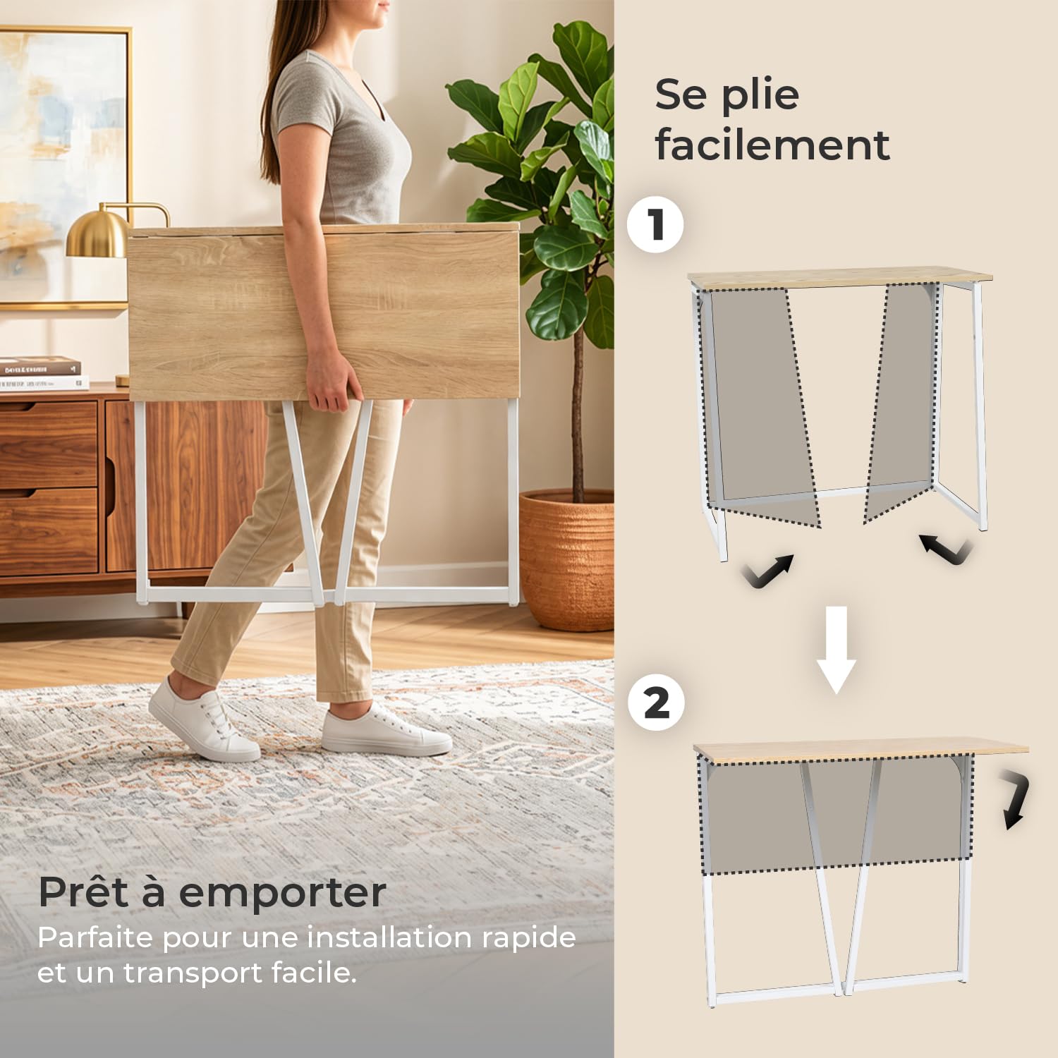 Meuble Cosy Bureau Informatique Pliant pour Petits Espaces Postes de Travail Table d'Ordinateur Pliante, Assemblage Facile, Cadre en Métal, Chêne + Blanc, 80x40x74cm