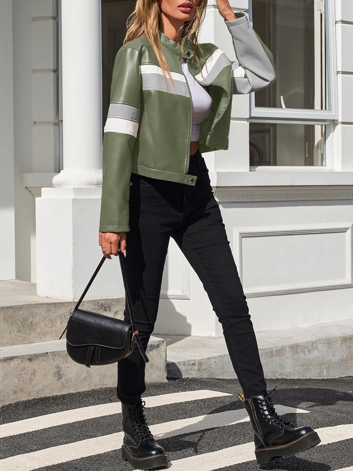 Tankaneo Womens Cropped Moto Biker Jackets Faux Leather Bomber Jacket Color Block Vintage Racing Coats - Image 5