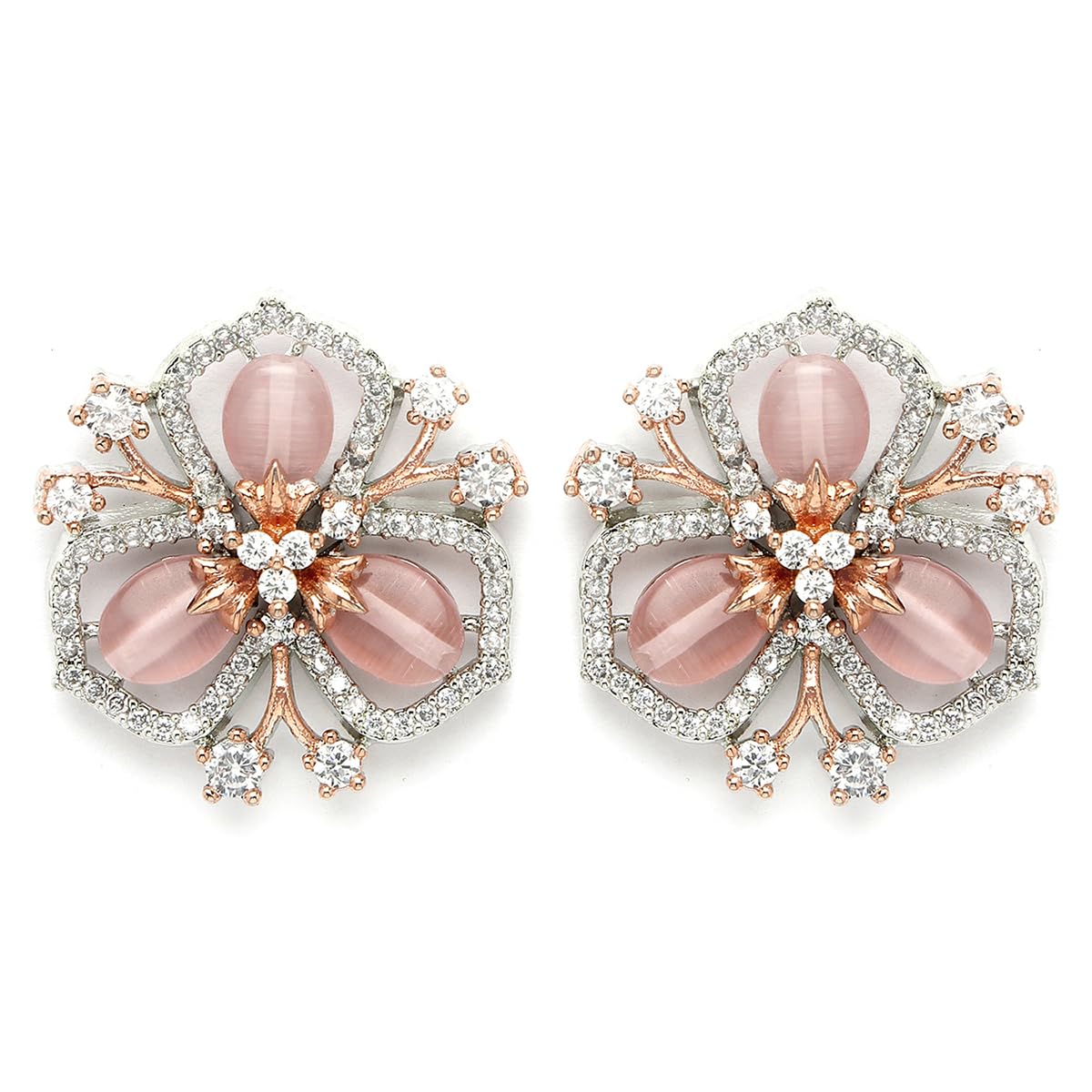 Karatcart Silver & Rose Gold Plated Grey Stone Floral Design American Diamond Stud Earrings