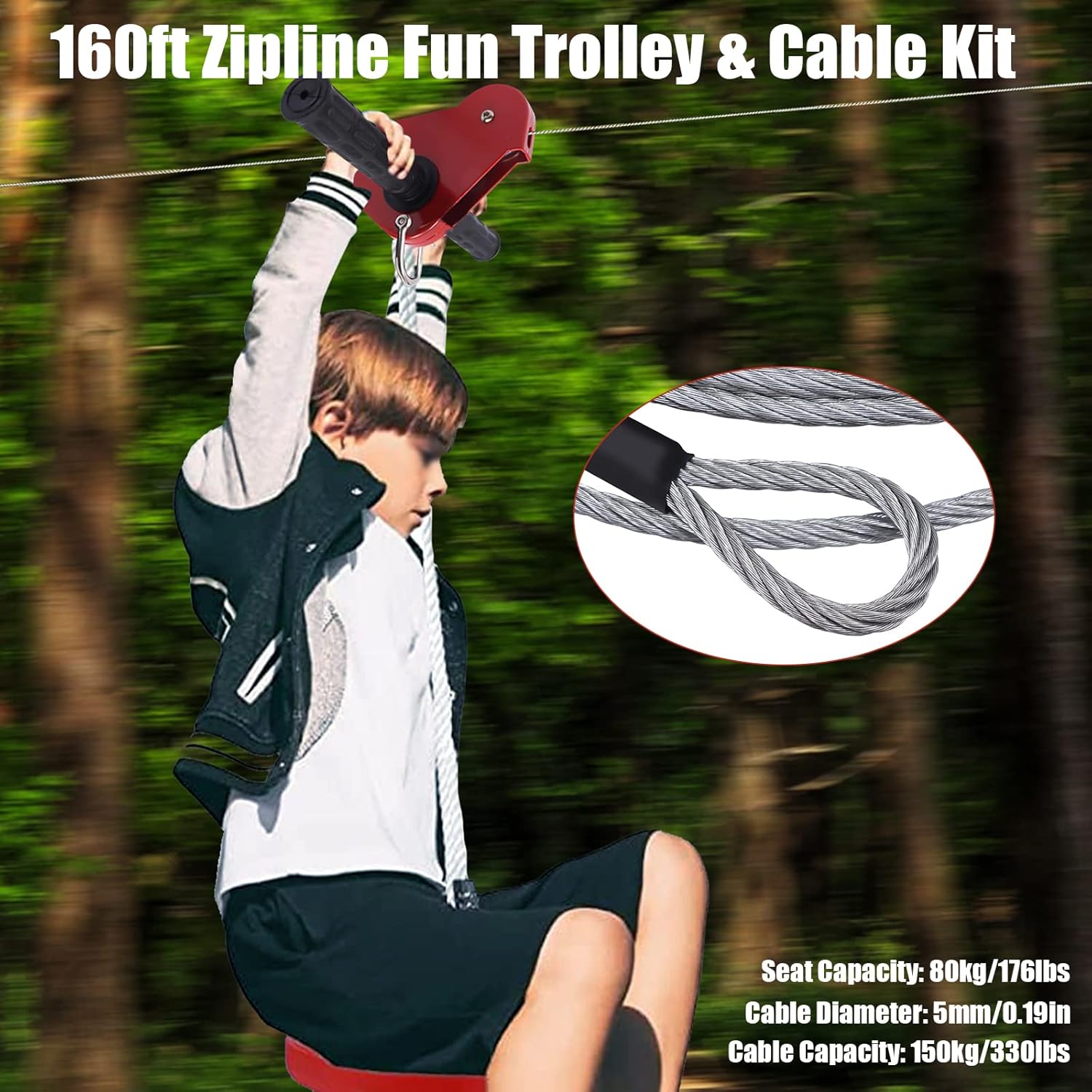 160 Ft Zip Line Kit for Kids & Adults | Heavy-Duty Outdoor Adventure Zipline with Stainless Steel Brake | Safe for Ages 3+ | Ideal for Backyard Fun, Parks, Camping & Thrill-Seeking