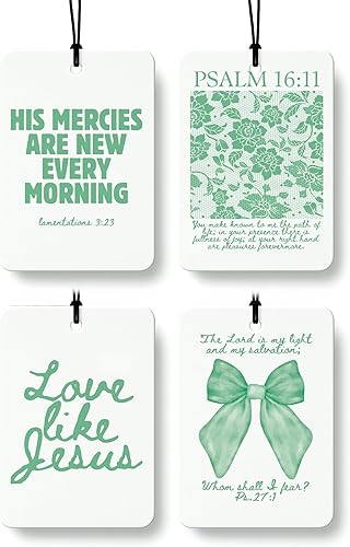 Miniatura 33 de Coquette - Ambientador cristiano para automóvil, 4 unidades, retro verde salvia, ambientador colgante religioso para autos, armario, cajón, libros,