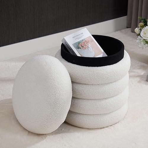 Taburete otomano tapizado de sherpa redondo blanco con reposapiés pequeño Boucle para dormitorio, sala de estar, entrada, dormitorio