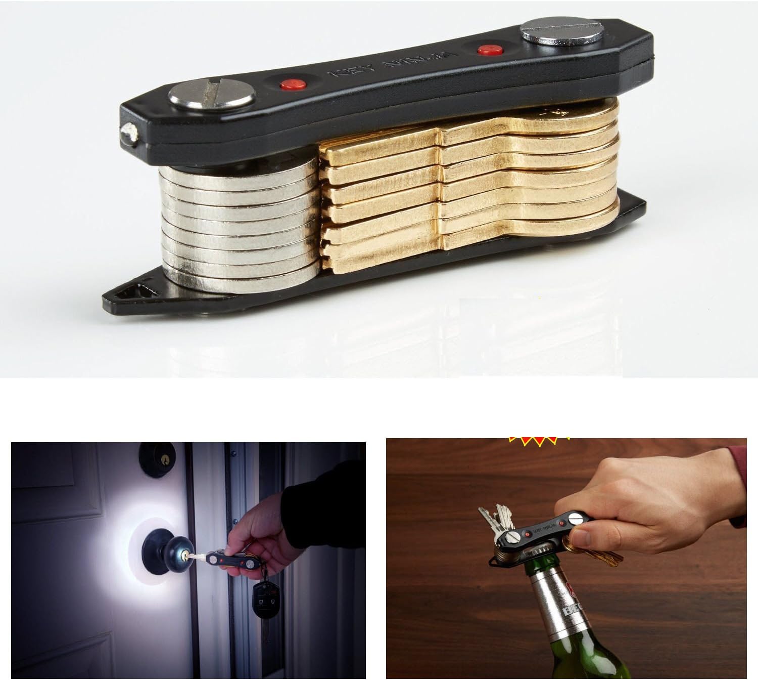 Compact Key Holder With 2 LED Flashlights Bottle Opener Holds 30 Keys Key Chains Tags Hooks