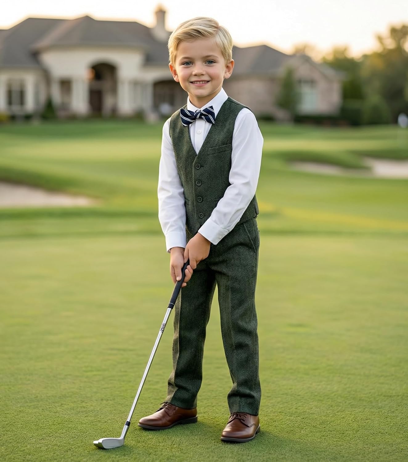 Boy's Suits Tweed Herringbone 5 Piece Tuxedo Wedding Suit for Kids with Tie