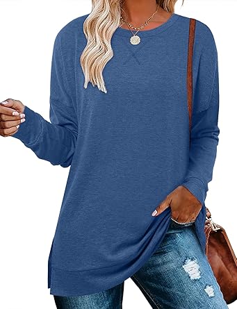 BETTE BOUTIK Women's Drop Long Sleeve Sweatshirts Casual Crewneck Tunic Tops Sweartshirts With Side Slits S-3XL