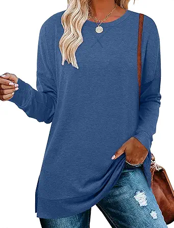 BETTE BOUTIK Women's Drop Long Sleeve Sweatshirts Casual Crewneck Tunic Tops Sweartshirts With Side Slits S-3XL