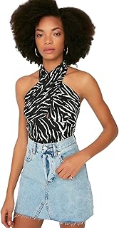 ترنديول بلوزة محبوكة قابلة للتمدد وقبة برباط مطبوعة بلون اسود للنساء، TWOSS22BZ0703