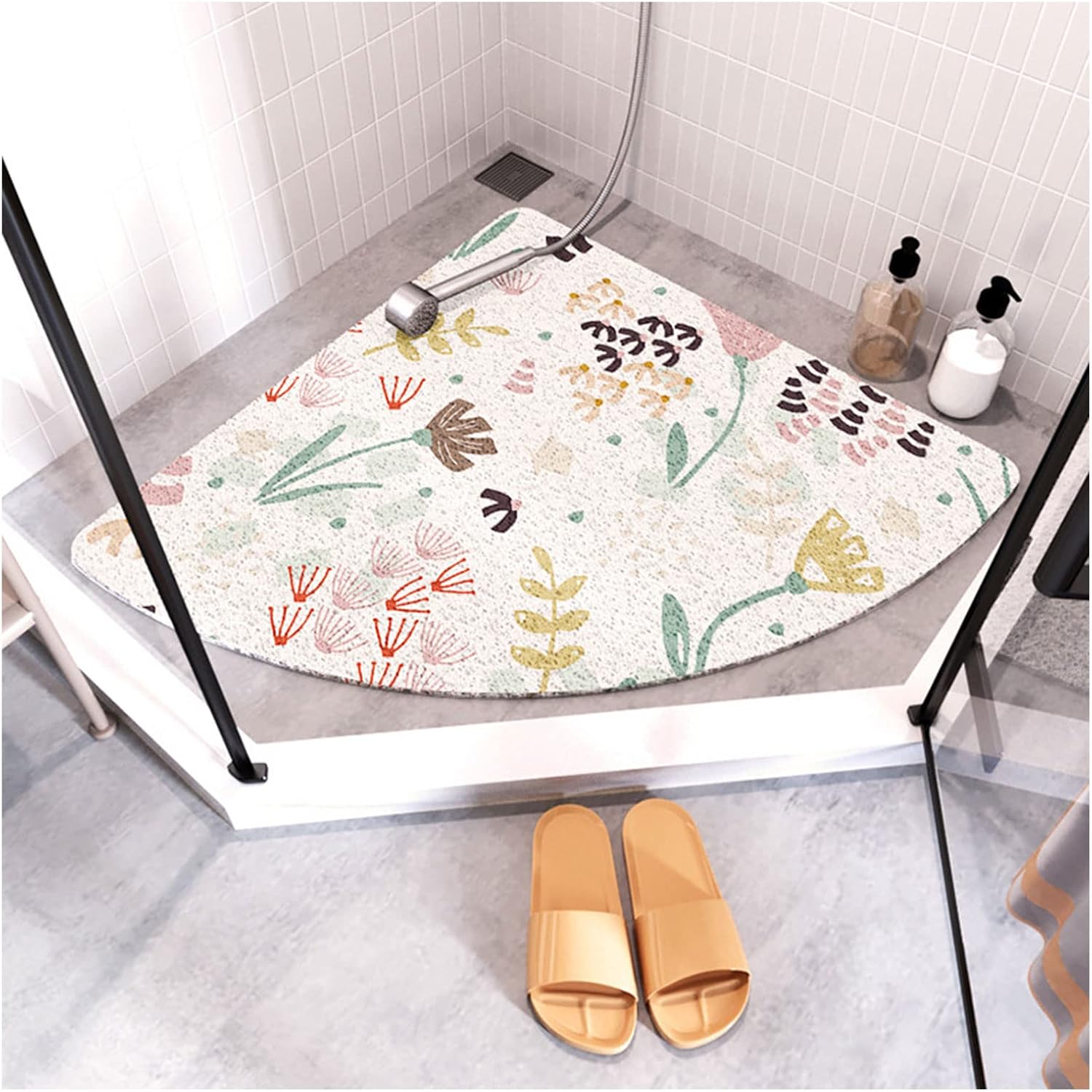 Non-Slip Comfort Bathtub Mats with Drain Soft Textured Fan-Shaped Shower Bath Mat PVC Loofah Shower Stall Mats C (G)