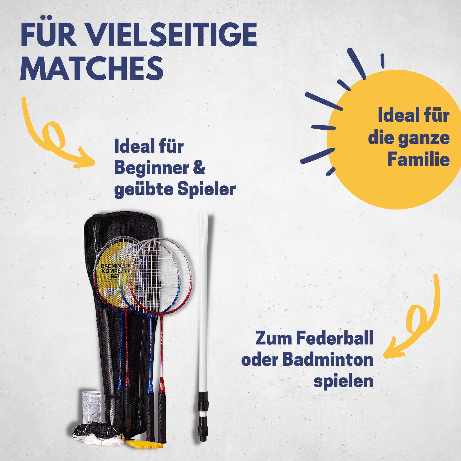 Best Sporting Federball Set Erwachsene und Kinder I Badminton Set bestehend aus Netz, 4 Schlägern, 3 Badmintonbällen und Tasche I Federball Set Kinder I Badminton Netz und Schläger für den Garten