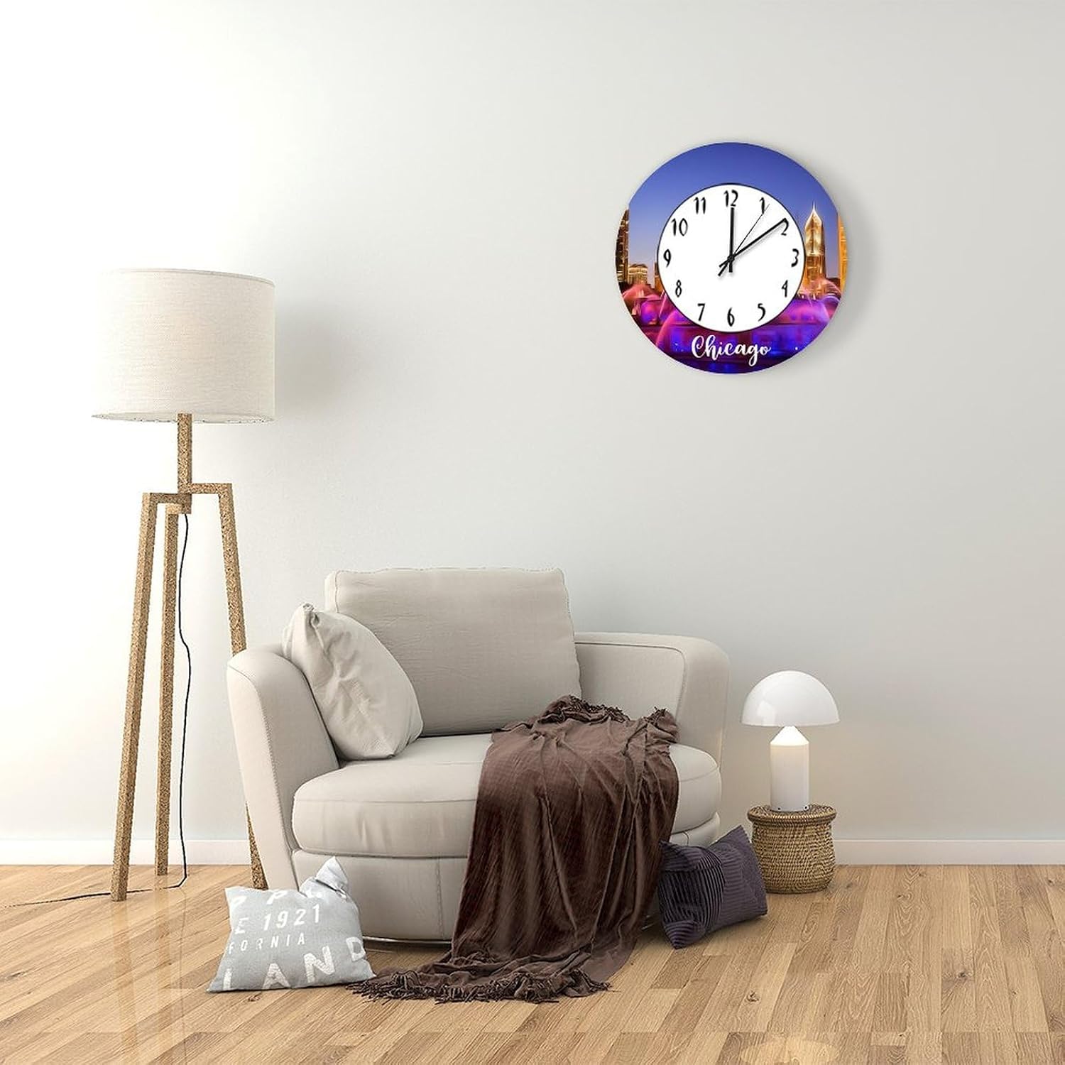 Chicago Decorative Wood Wall Clock for Kitchen Dining Room Home Decoration Chicago City View Silent Non-Ticking Battery Operated Hanging Wooden Clock 15 Inch