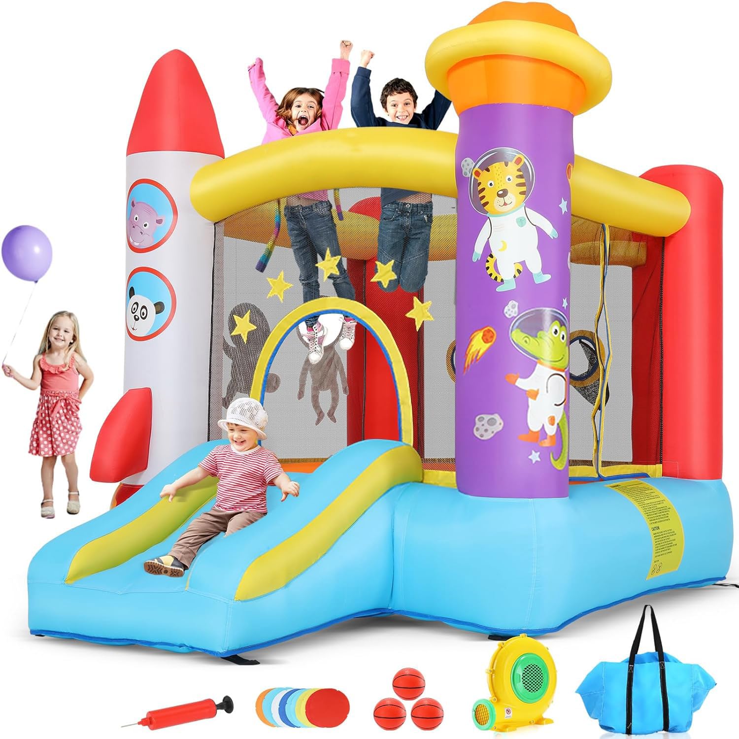 AKEYDIY Castello gonfiabile per interni ed esterni, divertente castello gonfiabile con soffiatore, scivolo gonfiabile per feste e area per saltare, gioco di lancio della palla (Rosso - Astronauta)