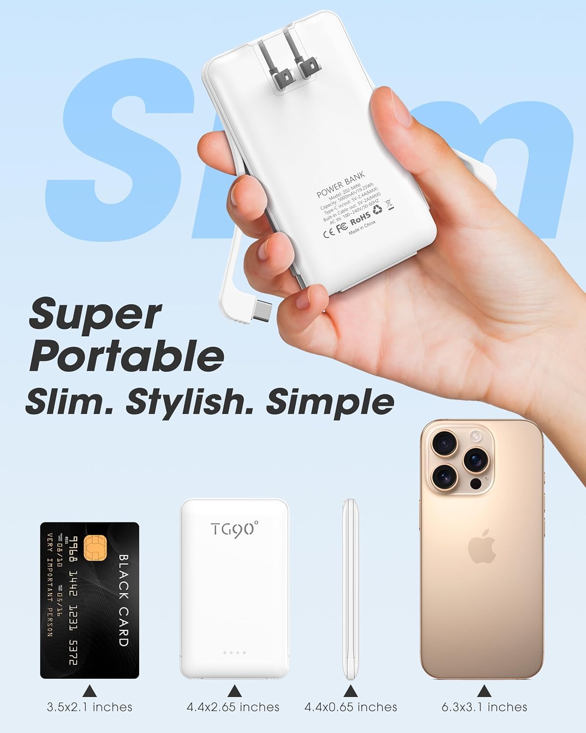 TG90° 2 Pack 5000mAh Portbale Charger Power Bank with Cables and AC Plug Blue and White