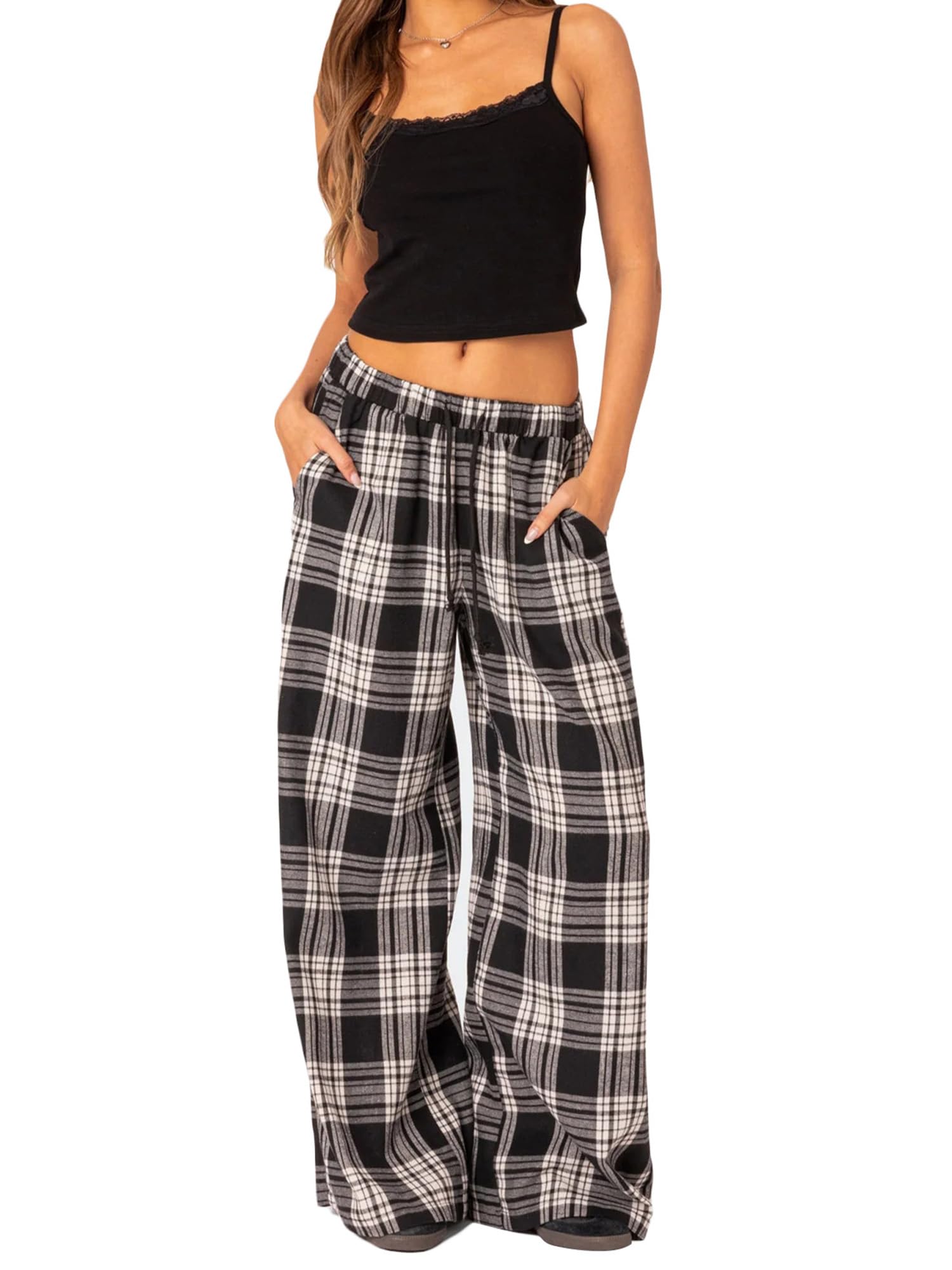 Sexy Outfit Pantalon de Salon à Jambes Larges pour Femmes, Confortable, Taille élastique, Baggy, à Carreaux, Palazzo, Ample, Cordon de Serrage, avec Poche