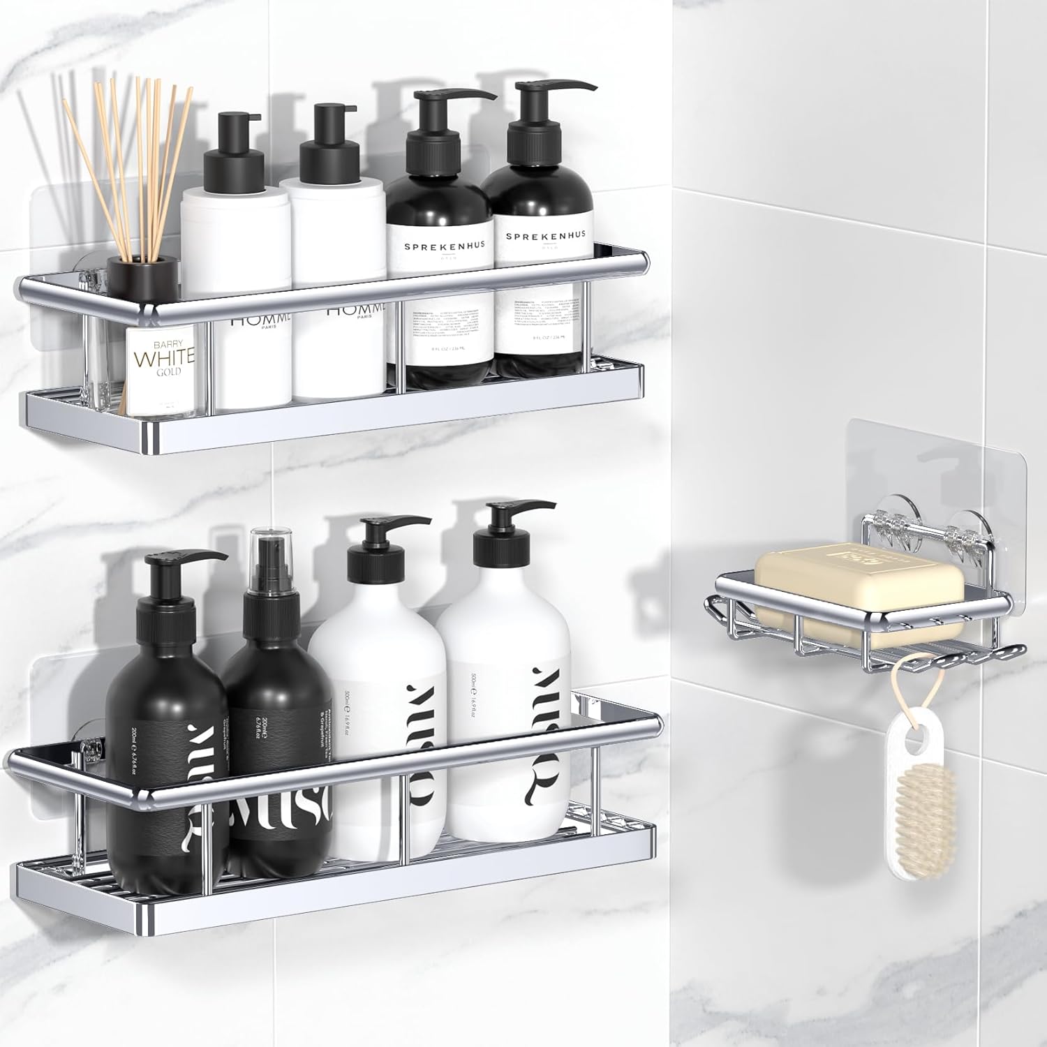 YASONIC Shower Caddy Adhesive, No Drill Bathroom Shower Organizers, with Removable Hooks and Soap Holder, Rust Proof Shower Shelves, Wall-Mounted Shower Holder, 3 Pack, Silver