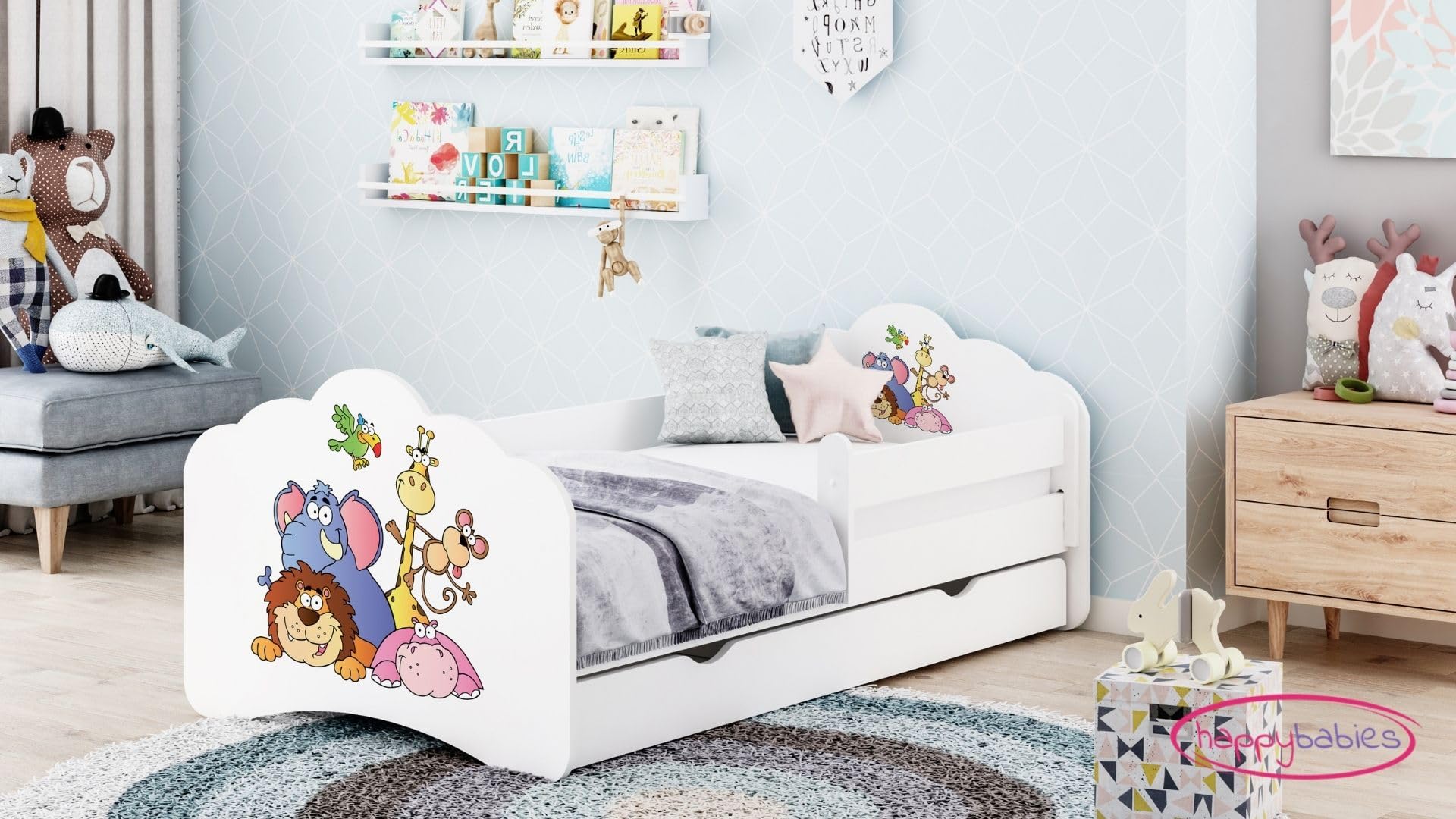 Happy Babies MOBI – Cuna de 160 x 80 cm, con protección anticaída y cajón, cama juvenil con pegatinas de colores, cuna con colchón de 80 x 160 cm, cama infantil para niñas y niños WIESS (M13)