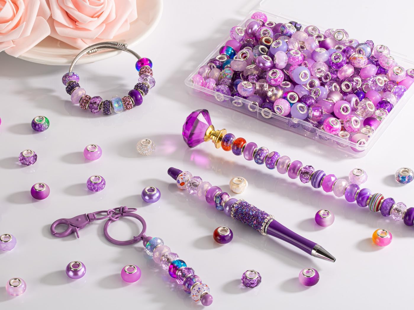 ZHIYUXI 100PCS Purple European Large Hole Assorted Beads Bulk for Jewelry Making Big Hole Spacer Lampwork Murano Beads for Charms Bracelet Making Necklace Pens DIY Craft - Image 2