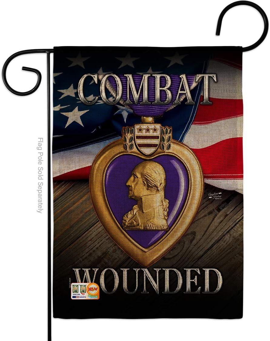 Purple Heart Combat Wounded Garden Flag Set with Stand Armed Forces Military Service All Branches Support Honor United State American Veteran Official Gift Yard House Double-Sided 13 X 18.5