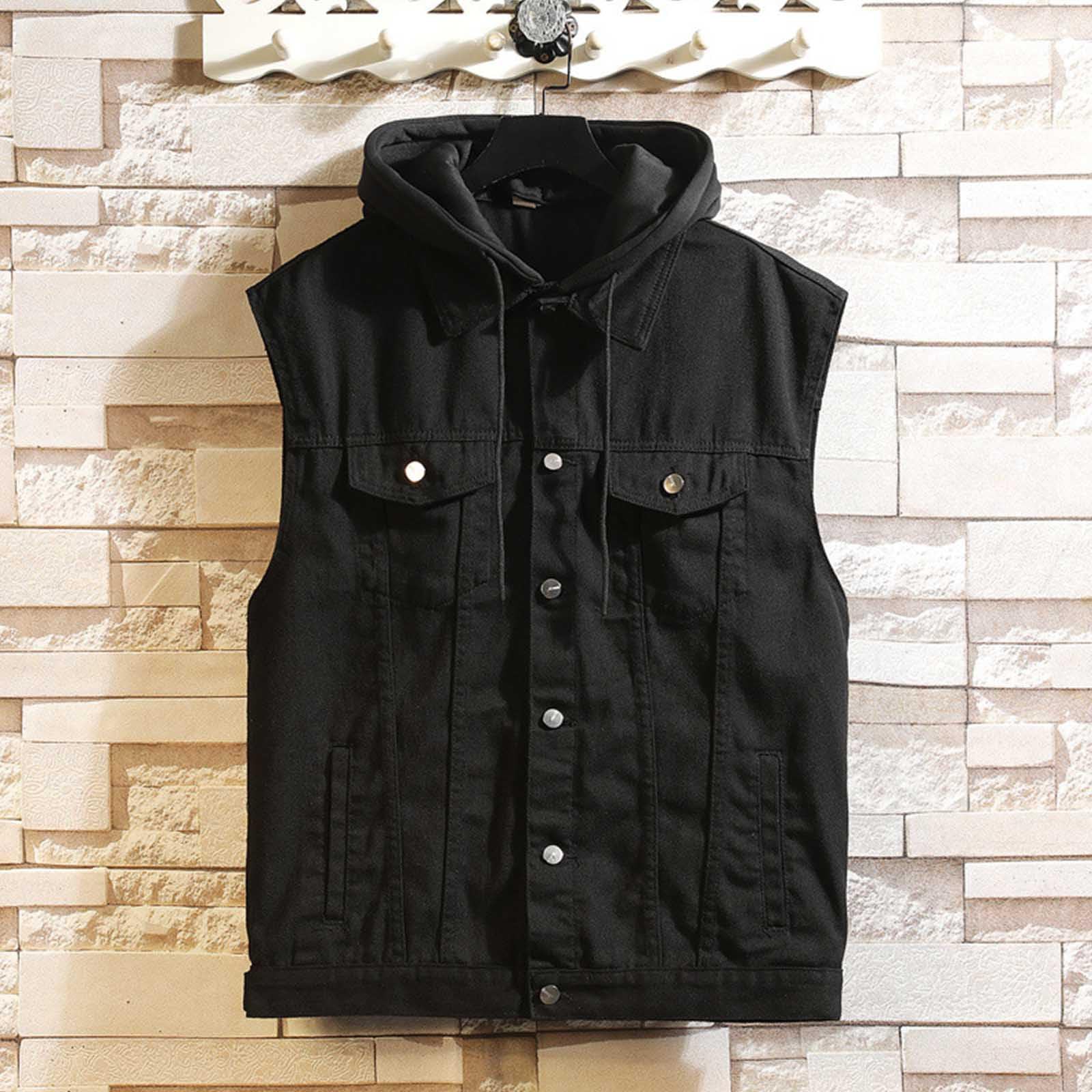 Chaleco vaquero con capucha para hombre, sin mangas, con solapa de botones, con varios bolsillos, cómodo y suave, chaleco vaquero, monocolor, para el tiempo libre