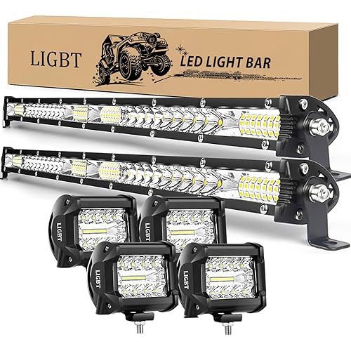 LIGBT 2Pcs 21 Inch 204W Slim LED Light Bar 4PCS LED Pods 4Inch 60W Spot Flood Combo Fog Driving Lights Work Light Roof Bumper Lamp Offroad Lights for 4x4 Trucks SUV ATV UTV