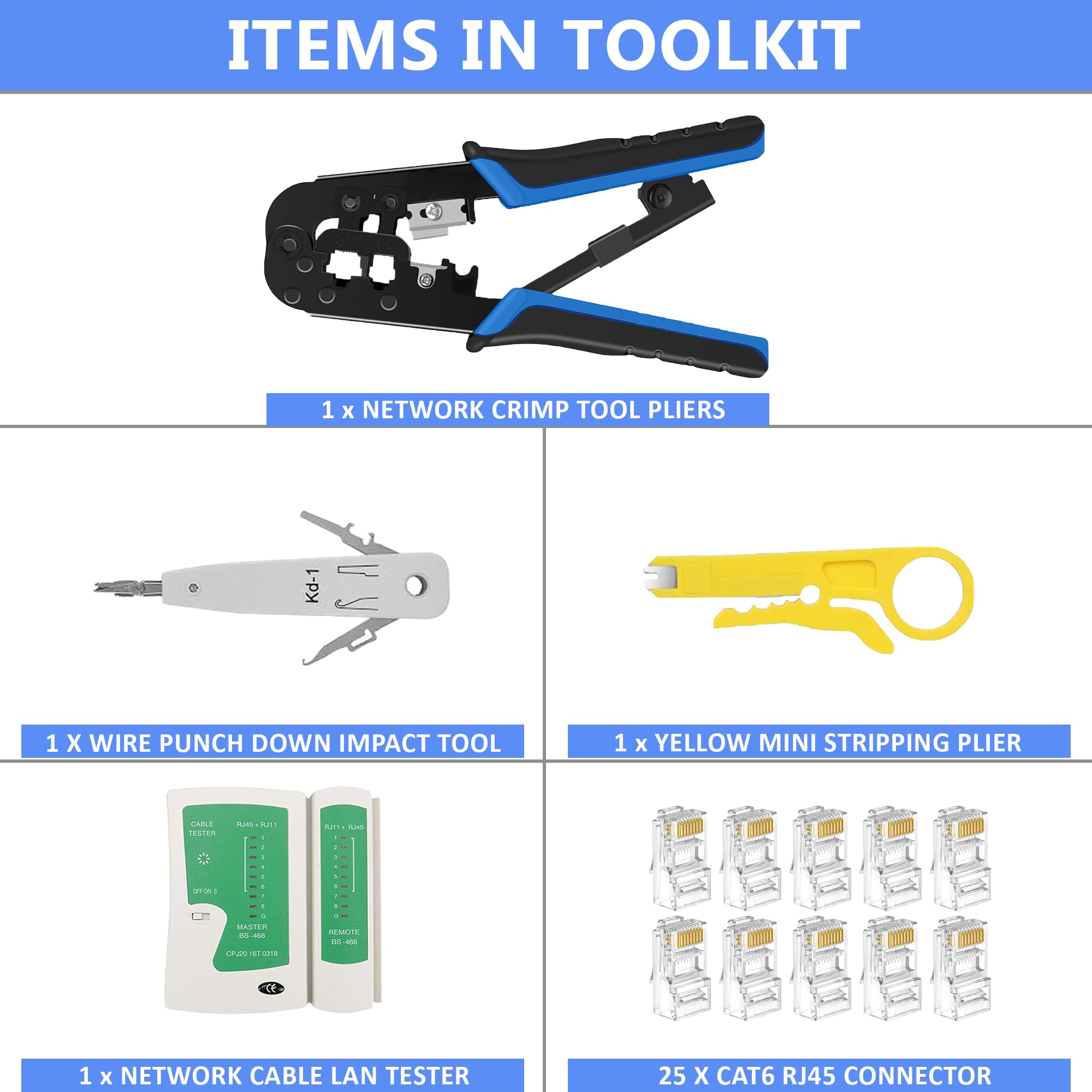 FEDUS RJ45 Crimping Tool Kit, rj45 machine for Cat6A Cat5E Cat5 Ethernet tool kit, 25PCS Connector, Network lan Tester, Cut and Strip Tool, Punch Down