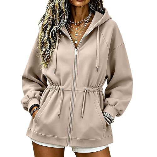 Women's Zip Up Sweatshirts Cinched Waist Hoodie Tops | Adjustable