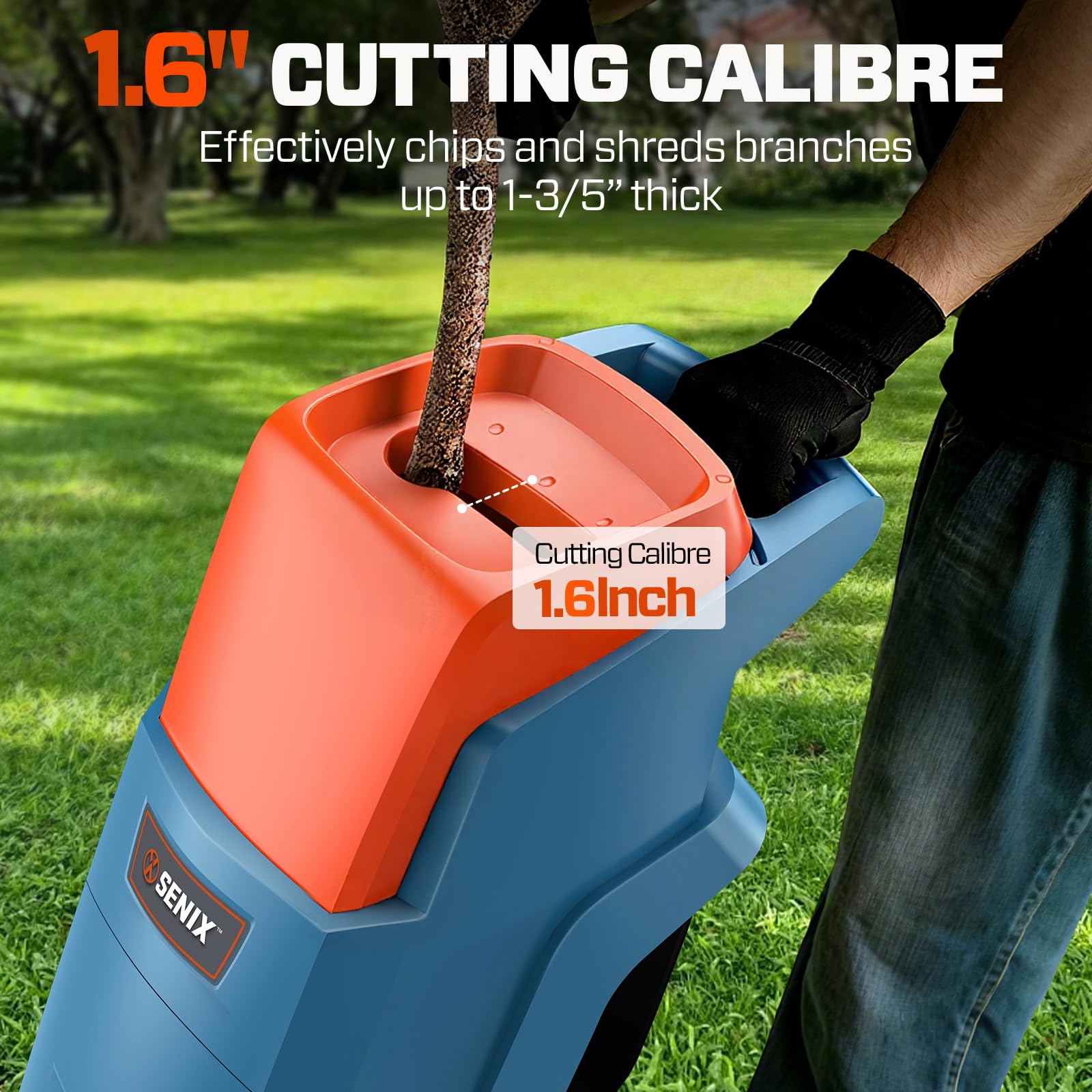 SENIX Trituradora de madera, trituradora eléctrica de 15 amperios, trituradora de cable, reducción 22:1, 4000 RPM, diámetro de corte de 1.6 pulgadas, con bolsa de colección de 11 galones