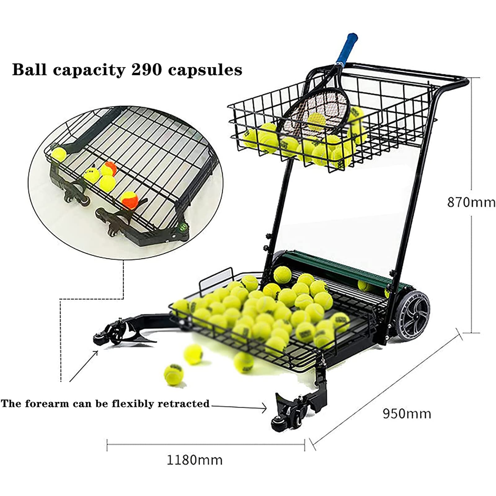 Raccoglitore automatico di palline da tennis, per raccogliere fino a 290 palline, per campi e palestre