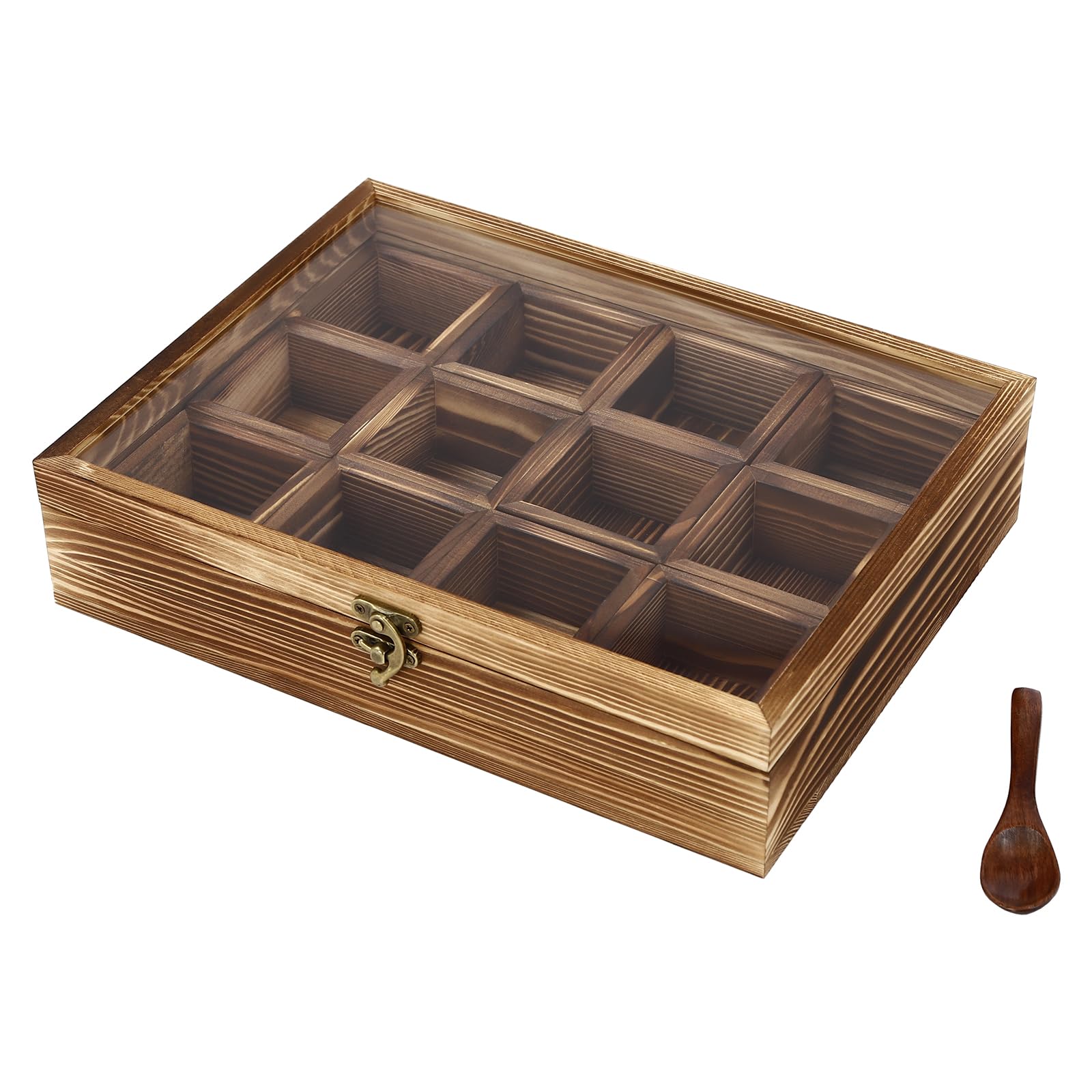 Hongkkon Brown Wooden Spice Box,Wooden Spice Box With 12 Containers Top Transparent Cover Spice Storage Container With Spoon,Spice Fit Box Apply To Storing Different Spices Or Teas