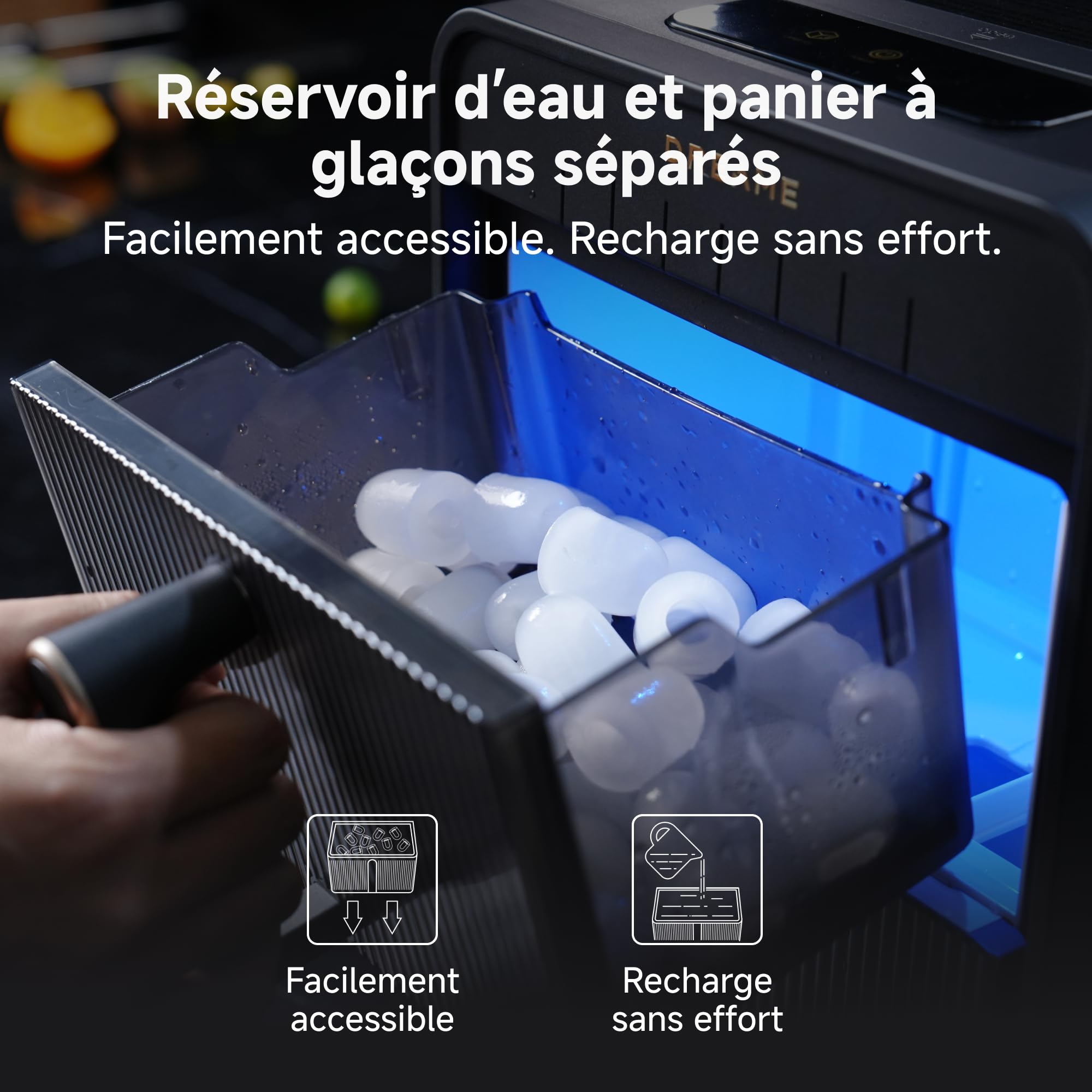 DREAME Aura Bullet Machine à Glaçons, Produisant des Glaçons en 6 Min, avec Réservoir et Panier Séparés, Deux Tailles de Glaçons, Commande Numérique, Éclairage LED et Mode Autonettoyage