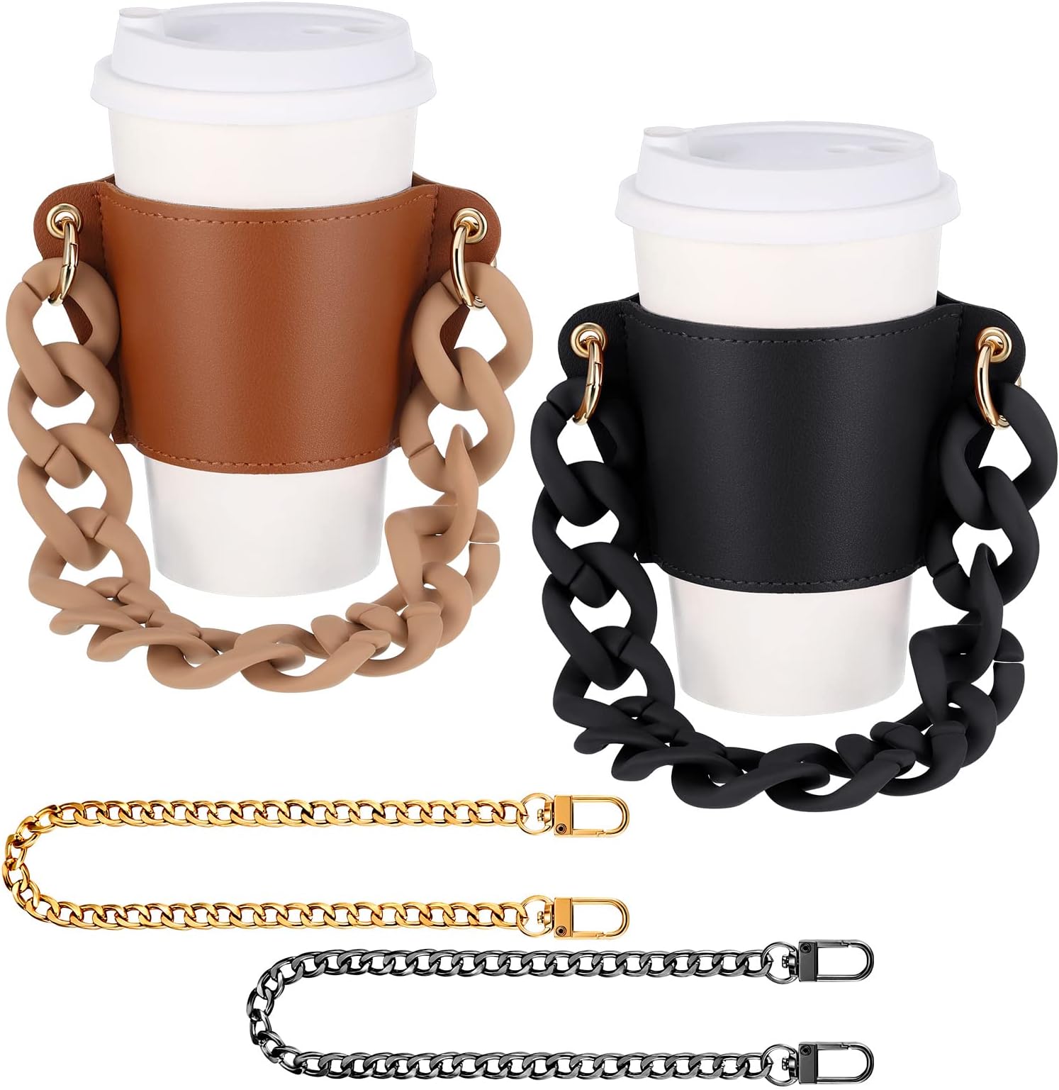 4 pieces Reusable Leather Coffee Sleeve with Chain, Cup Purse Hot Coffee Portable Cup Sleeve Holder, Iced Coffee Sleeve With Removable Chain, Leather Drink Carrier For Coffee Drinks (Black Brown)