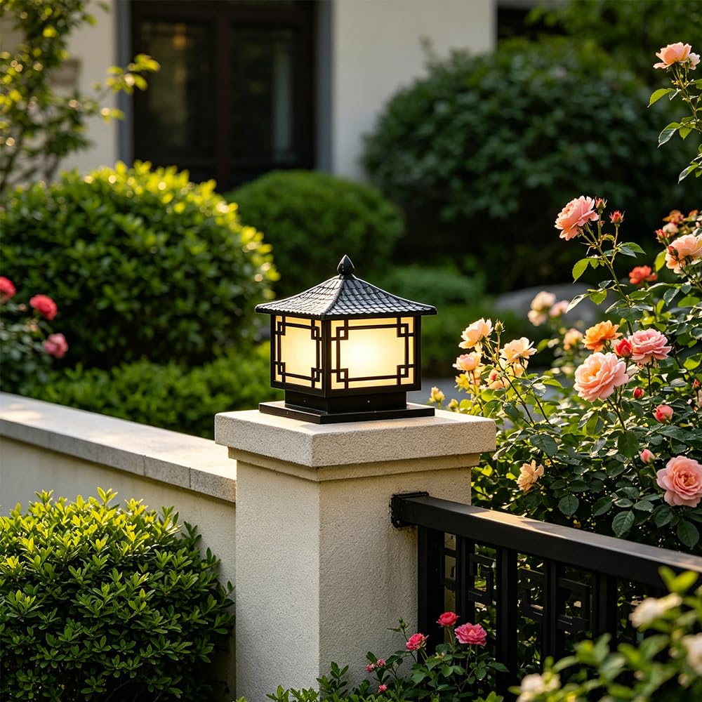 Lampada da esterno a colonna impermeabile per esterni Lampione stradale a LED retroilluminato Cortile Luci estern E27 Luci colonna Lanterna scrivania paesaggio prato giardino Villa, nero