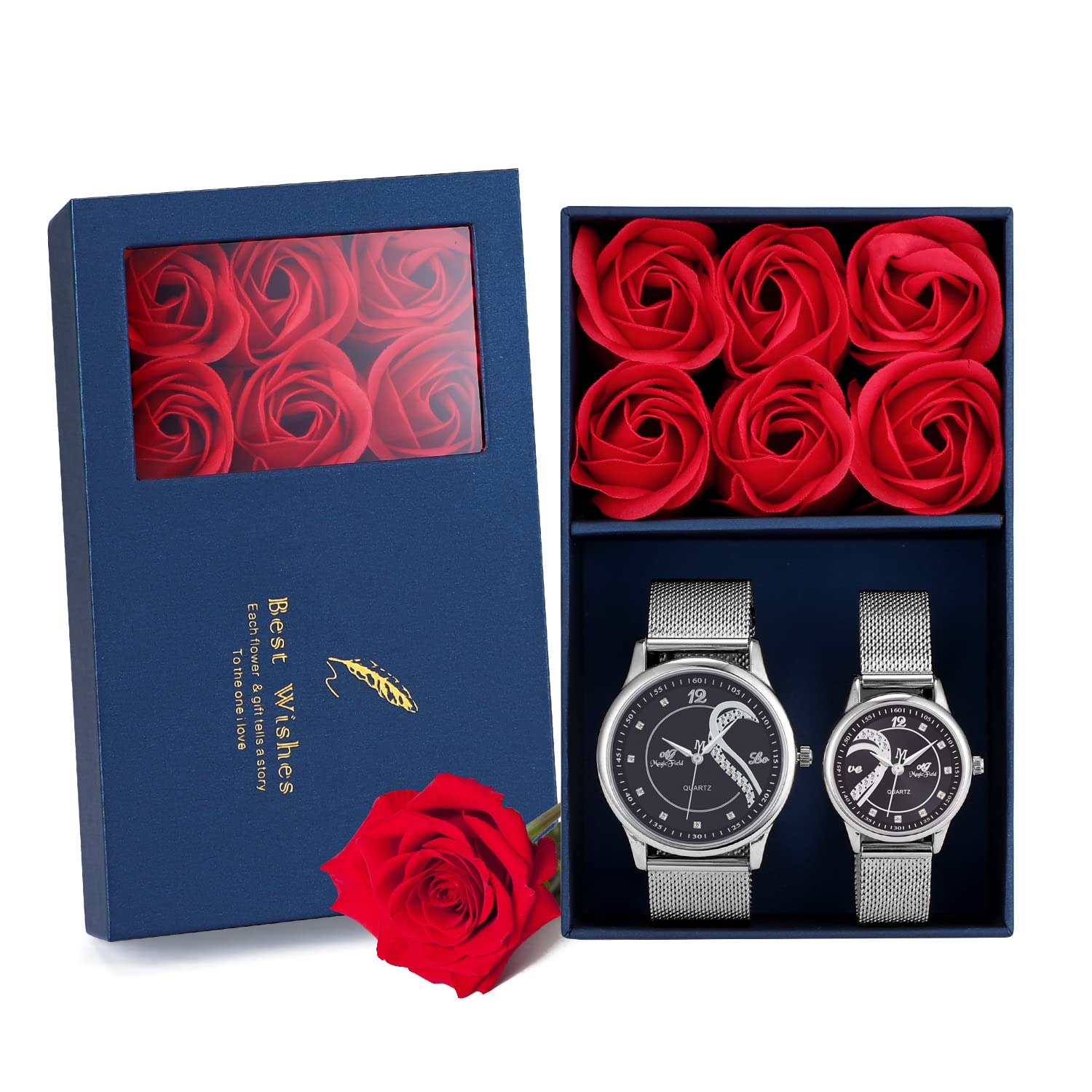 SIBOSUN Reloj para Parejas para él y para Ella, Reloj romántico de San Valentín, Relojes de Pulsera para Parejas de Cuarzo analógico, Juego de 2 Corazones de Malla de Cristal de Acero Inoxidable