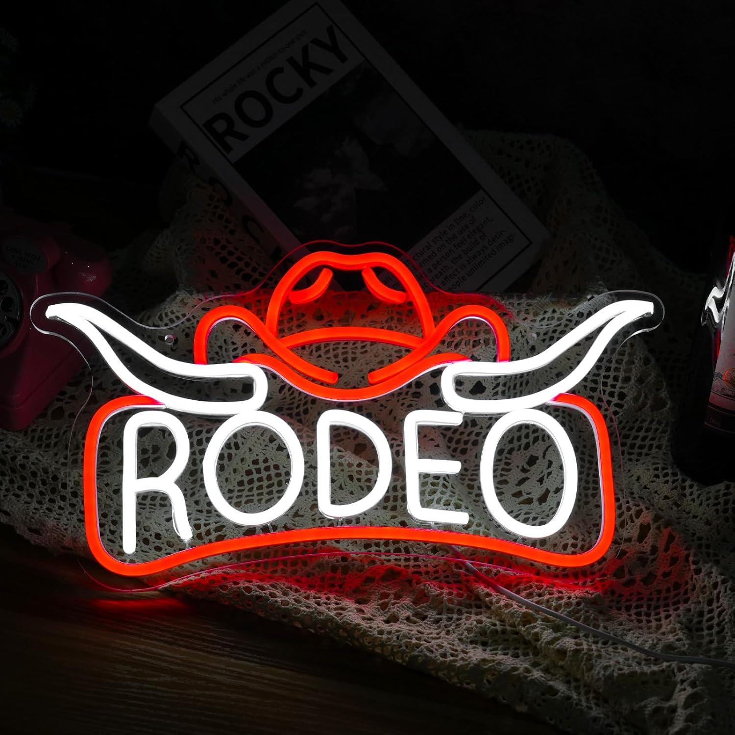 Rodeo Neon Sign, Cowboy Cowgirl Hat Longhorn Led Light, Western Neon Light, Bull Horn Led Sign, Country Living Room Wall Decor, For Adult Boy Bedroom Bar Hotel Party Birthday (16.7 x 9.4 in)