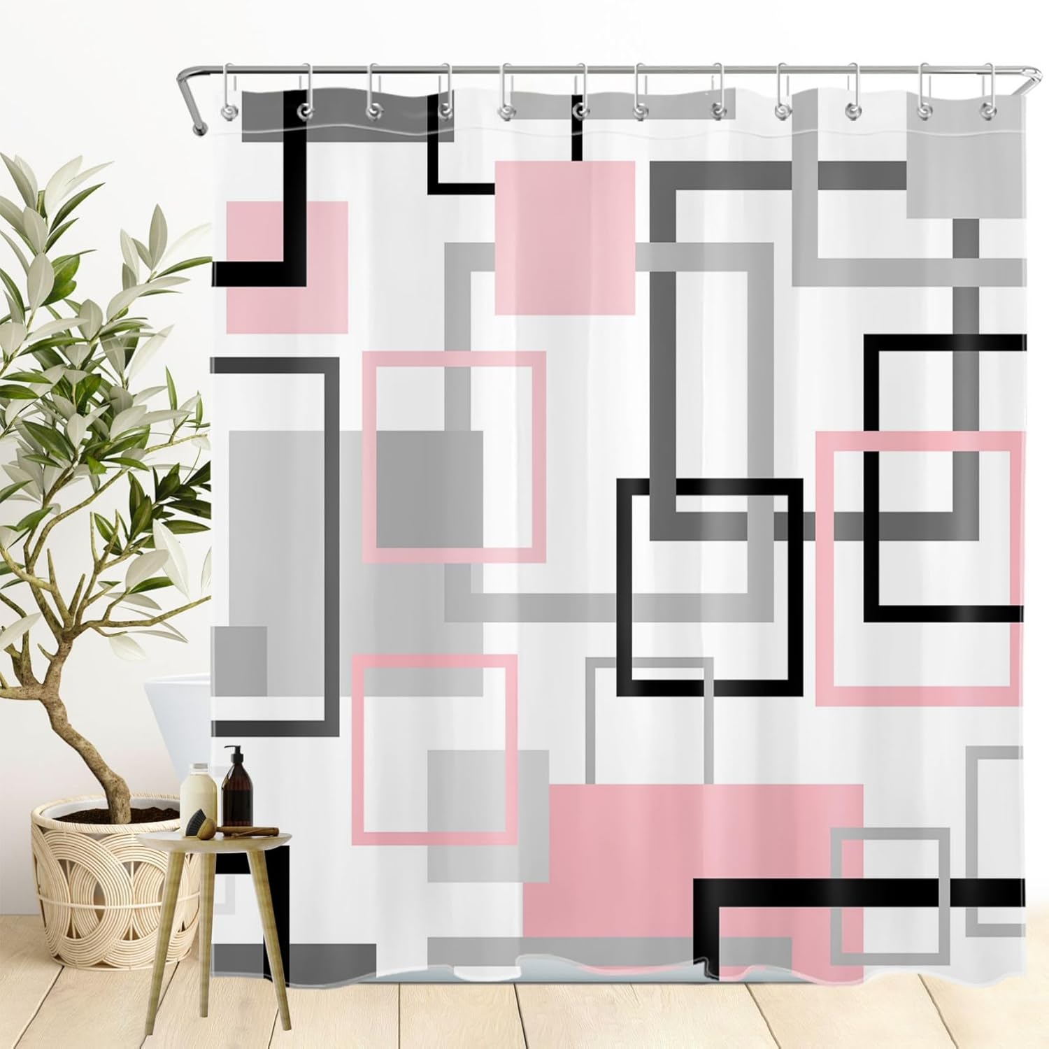 Pink Striped Shower Curtain for Bathroom, Pink and Gray Abstract Geometric Shower Curtain with Hooks Black White Minimalist Aesthetic Bathroom Shower Curtains, 72W X 78L Inch