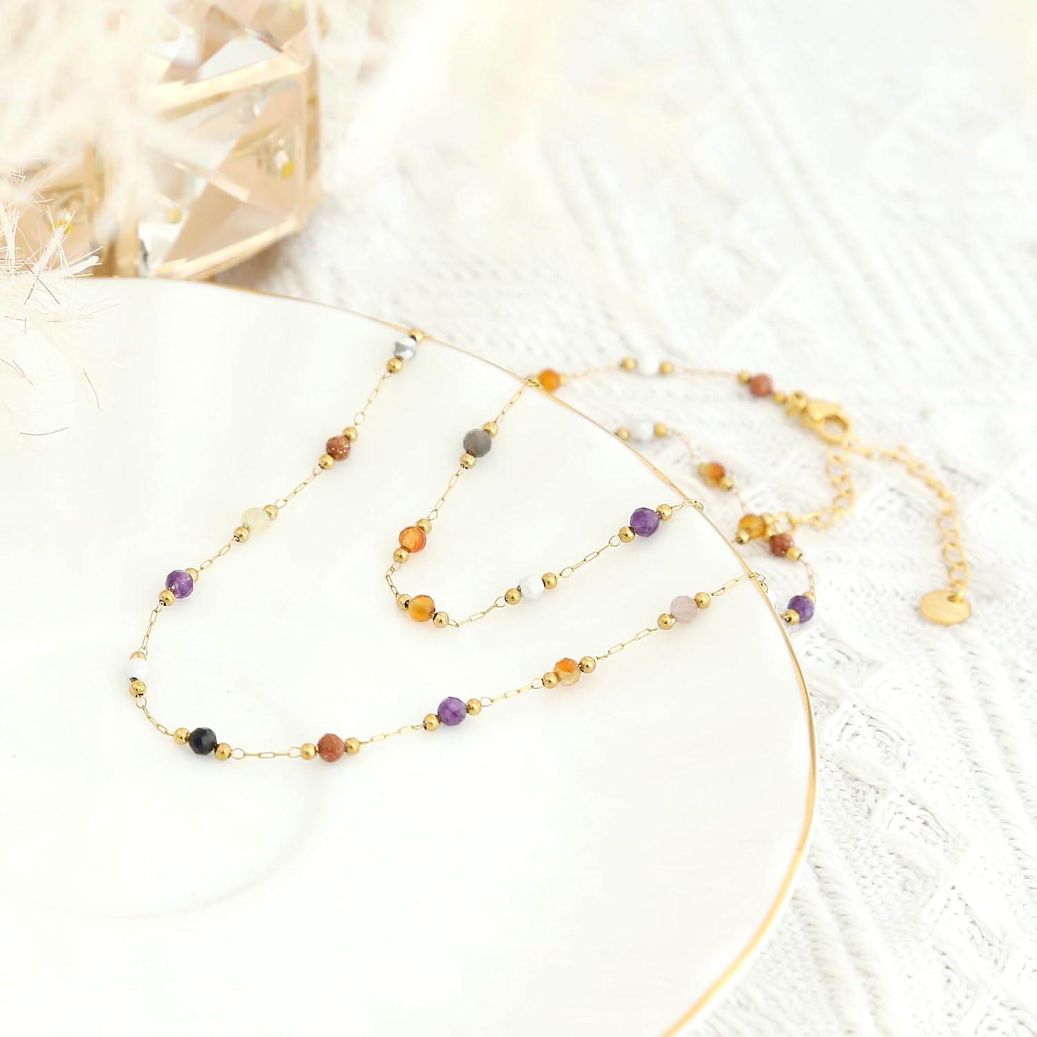 Made by Nami Dainty Beaded Necklace for Women 18K Gold Plated Stainless Steel Adjustable Chain Beaded Necklace with Genuine Gemstone Beads Minimalist Layered Bead Necklace Jewelry Gift