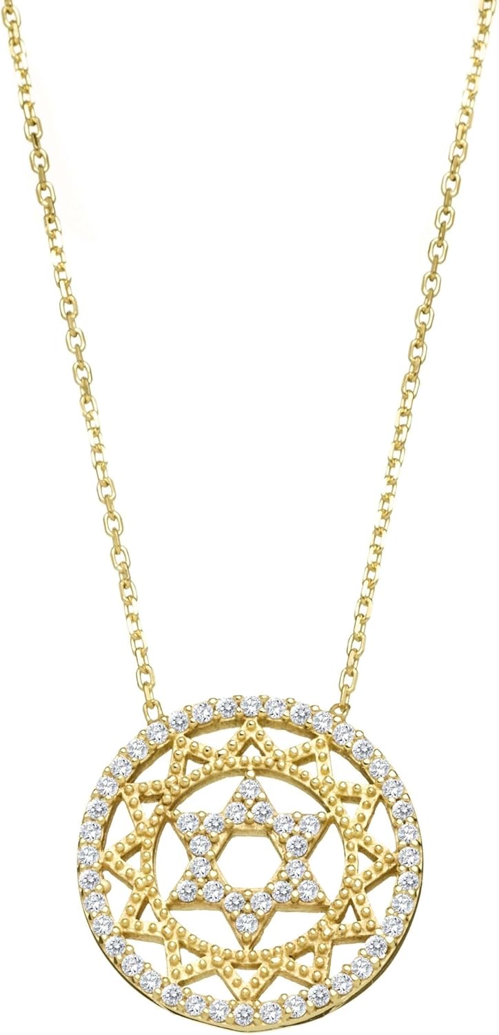 Alef Bet by Paula Jewish Star of David Necklace for Women and Girls with Sparkling Clear Cz Cubic Zirconia Stones on Adjustable Chain Length