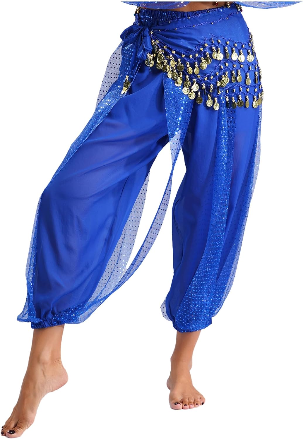 Vxuxlje Women's Belly Dance Pants with Sequin Hip Scarf Elastic Waistband Lantern Pants Trousers
