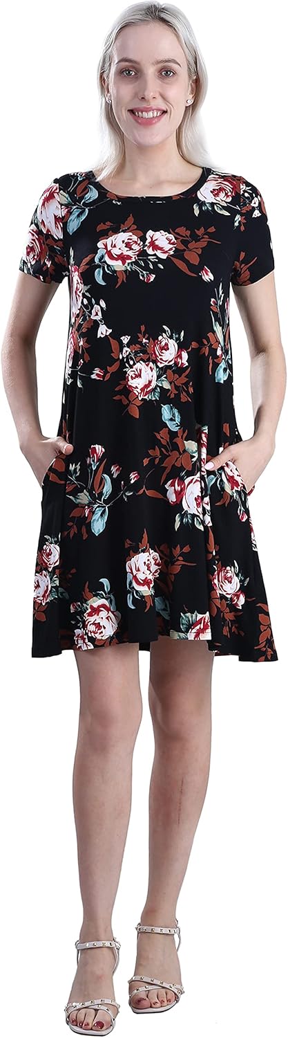 KORSIS Summer Dresses for Women Casual T Shirt Dresses Swing Flowy Beach Vacation Sundress with Pockets X-Small A028-rose Black