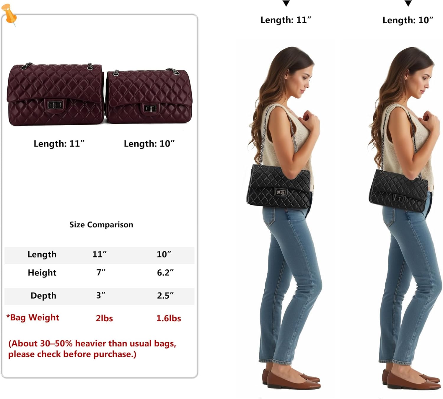 Quilted Leather Crossbody Bags for Women,Soft Lambskin Adjustable Double Chain Strap Shoulder Bag,Designer Flap Purse | Quilted, Leather, Soft, Lambskin, Adjustable, Double Chain Strap - Image 5